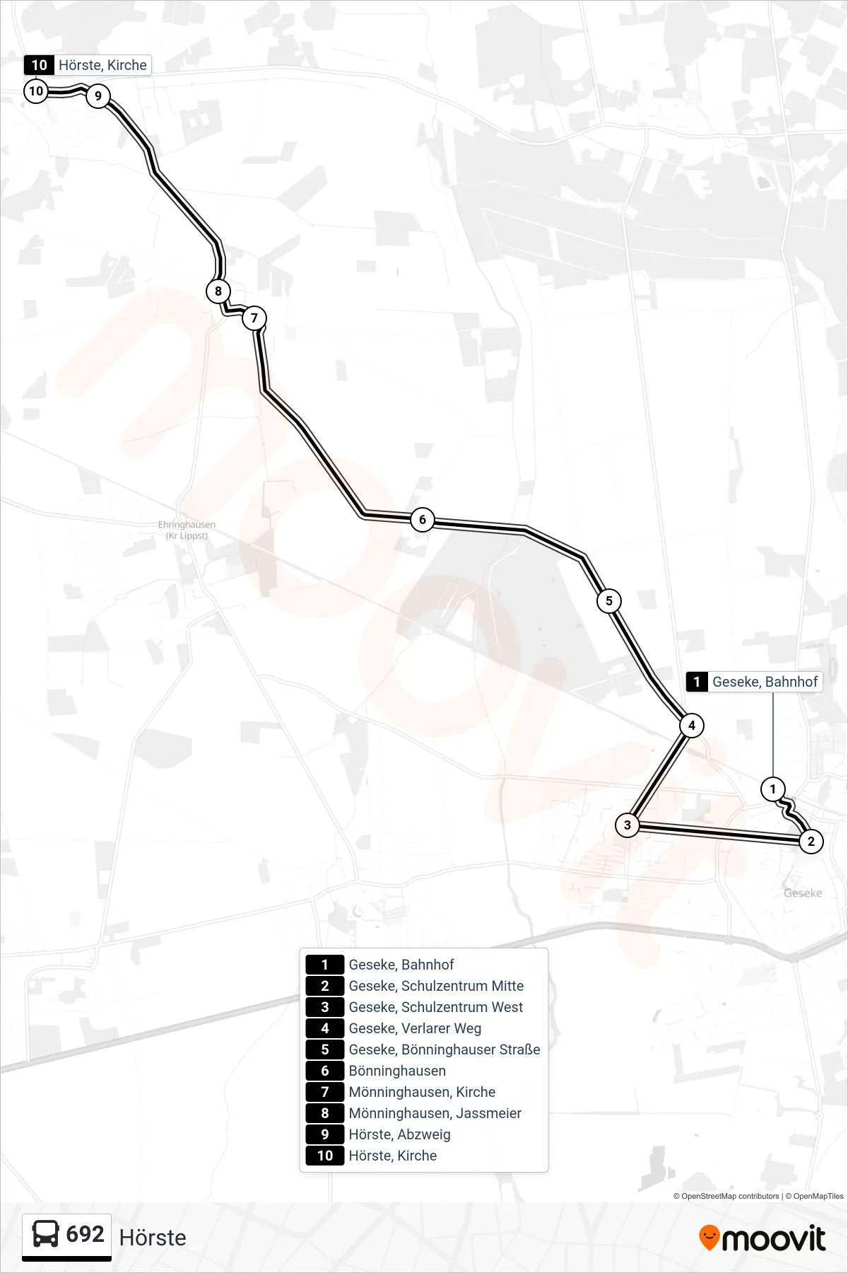 692 bus Line (Hörste) route and stops on a map