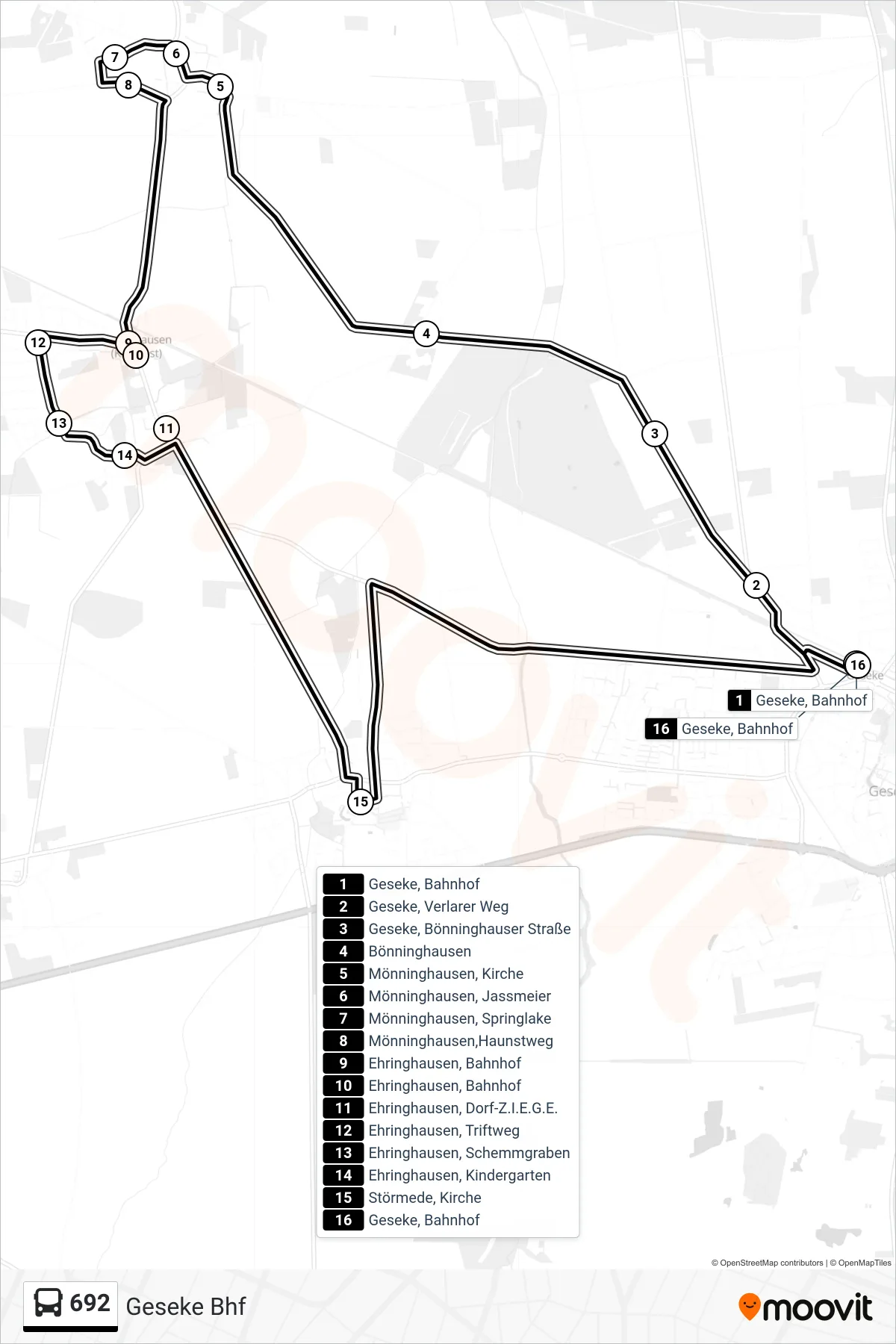 692 bus Line (Geseke Bhf) route and stops on a map