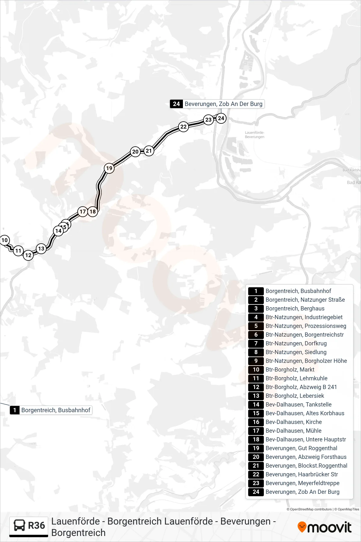 Linie R36 (Bus) Richtung Beverungen, Zob An Der Burg: Route und Haltestellen auf der Karte