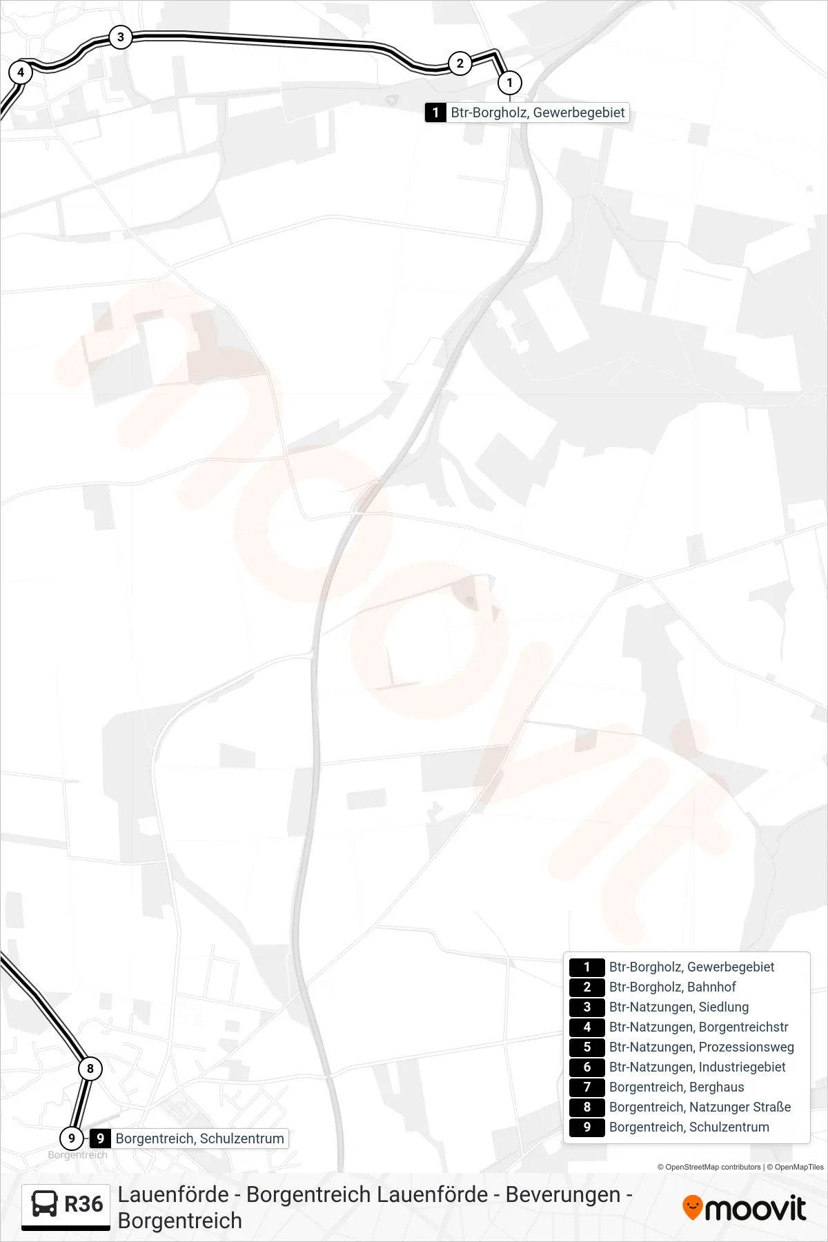 R36 bus Line (Borgentreich, Schulzentrum) route and stops on a map