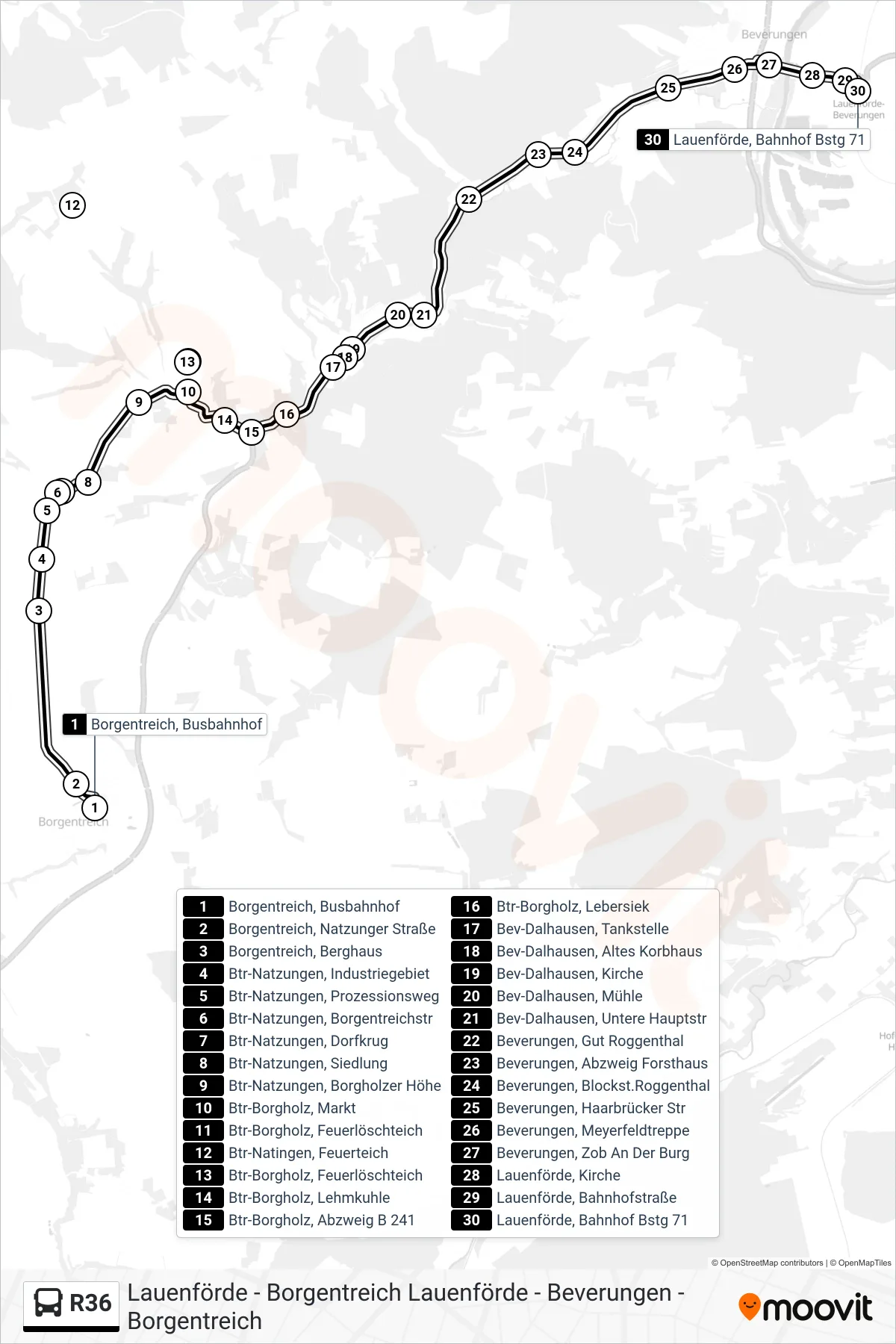 R36 bus Line (Lauenförde, Bahnhof Bstg 71) route and stops on a map