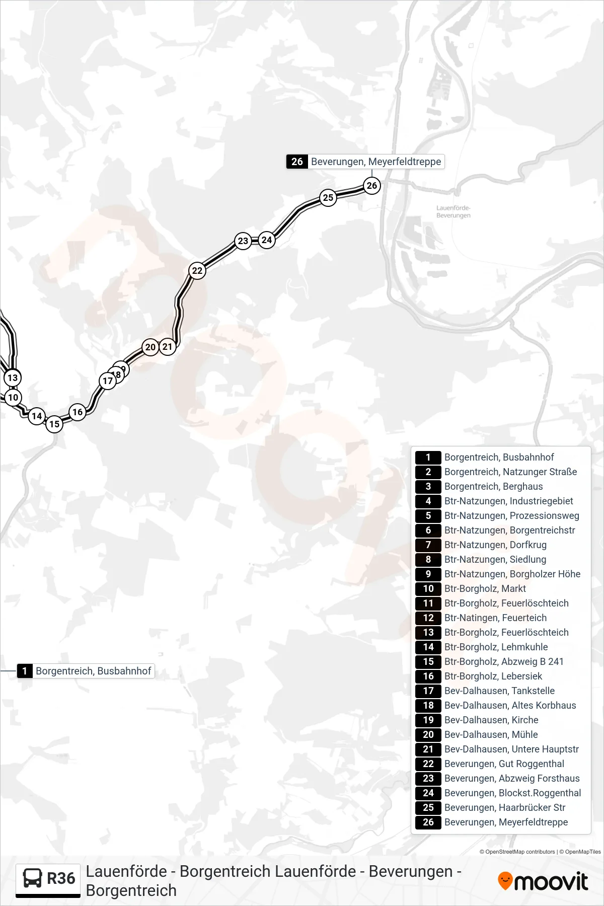 R36 bus Line (Beverungen, Meyerfeldtreppe) route and stops on a map
