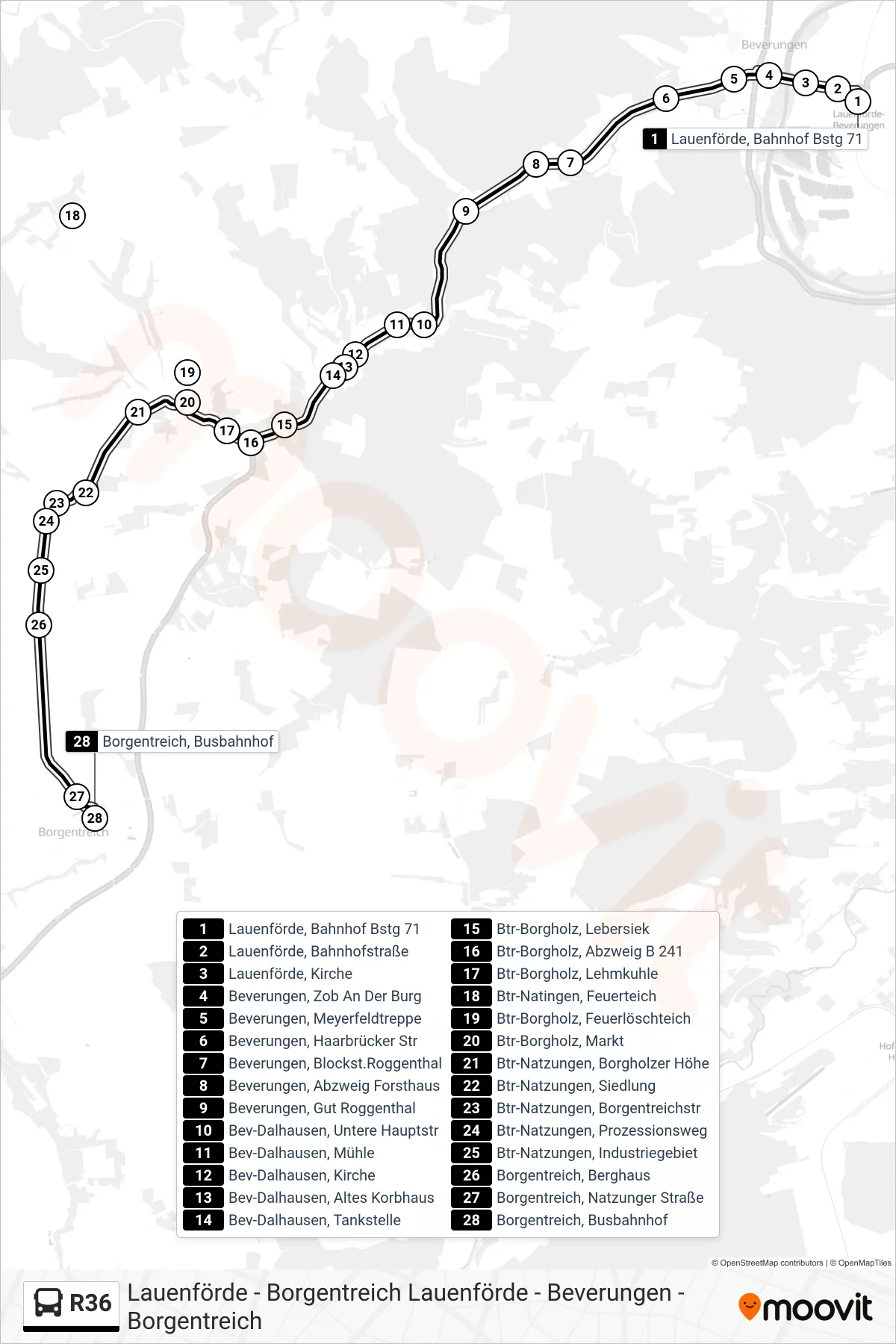 R36 bus Line (Borgentreich, Busbahnhof) route and stops on a map
