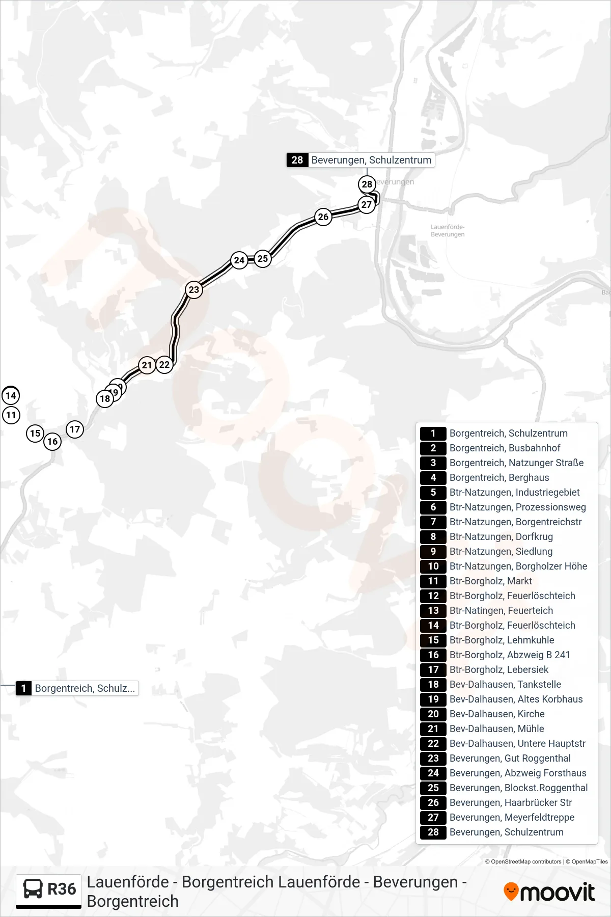 R36 bus Line (Beverungen, Schulzentrum) route and stops on a map