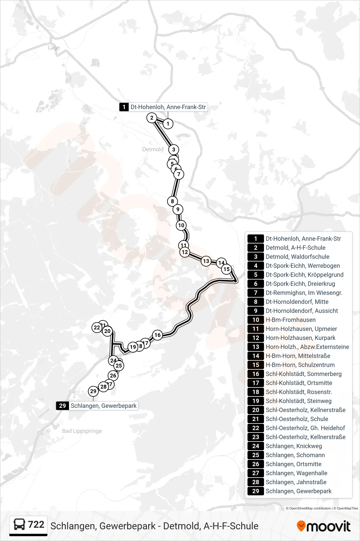 722 bus Line (Schlangen, Gewerbepark) route and stops on a map