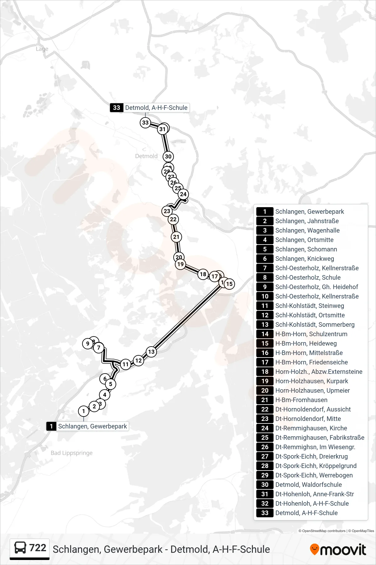 722 bus Line (Detmold, A-H-F-Schule) route and stops on a map