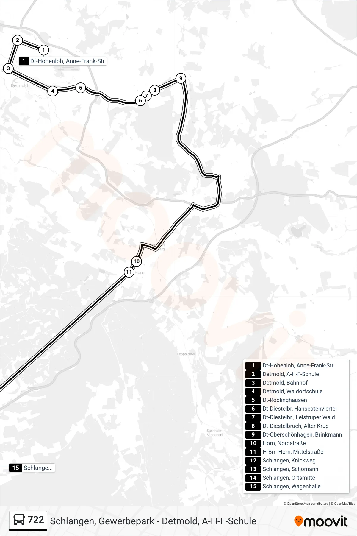 722 bus Line (Schlangen, Wagenhalle) route and stops on a map