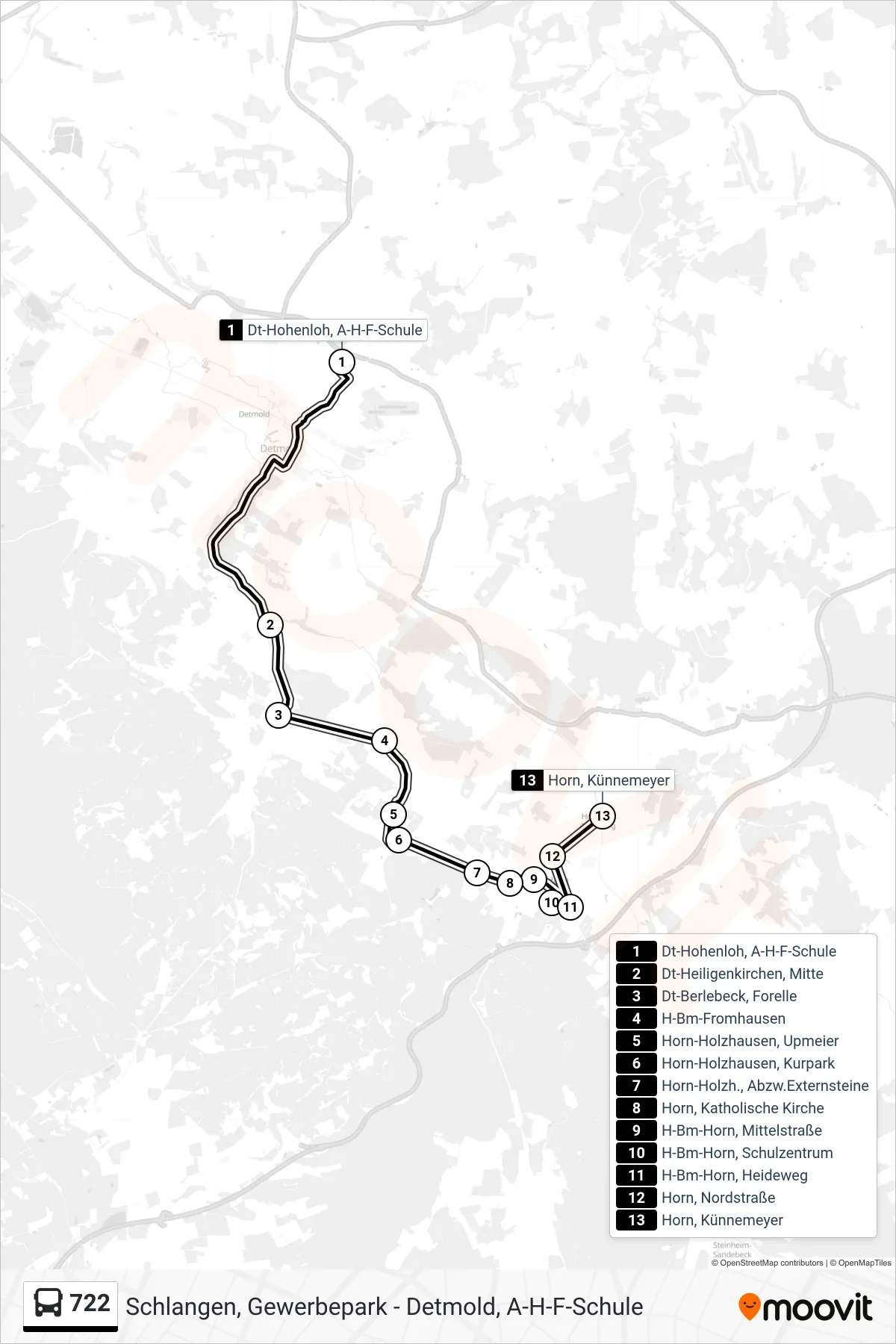 Linie 722 (Bus) Richtung Horn, Künnemeyer: Route und Haltestellen auf der Karte
