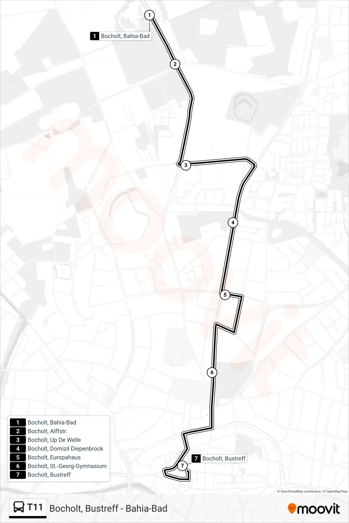 T11 tram Line (Bocholt, Bustreff Bstg D4) route and stops on a map