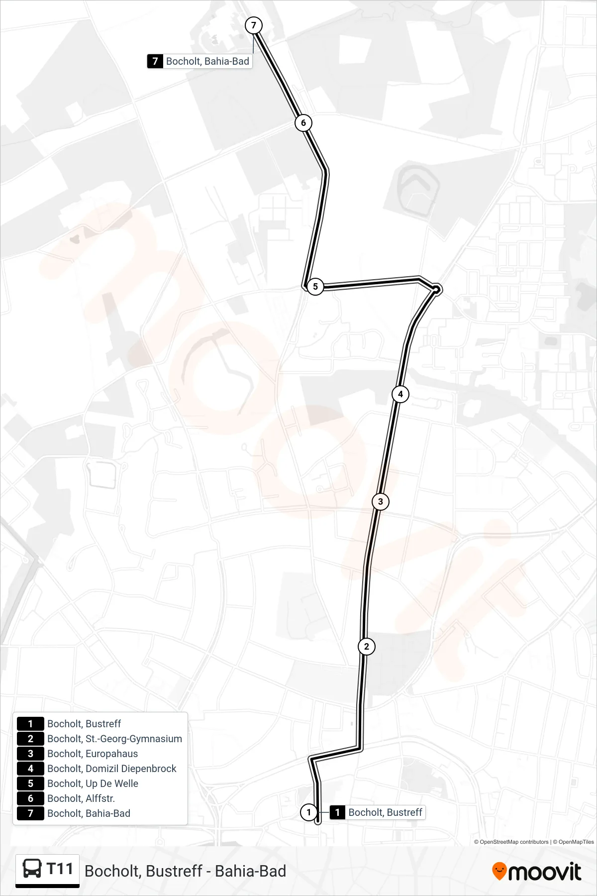 Linie T11 (Tram) Richtung Bocholt, Bahia-Bad: Route und Haltestellen auf der Karte