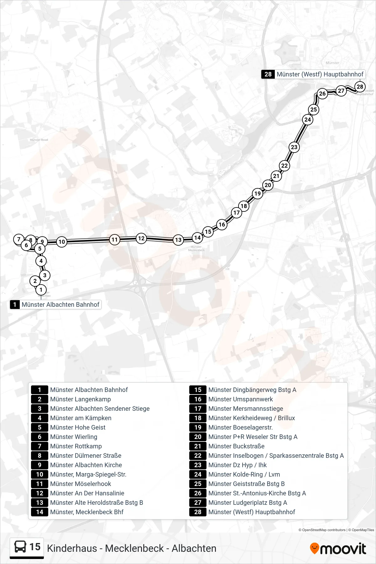 15 bus Line (Hauptbahnhof) route and stops on a map