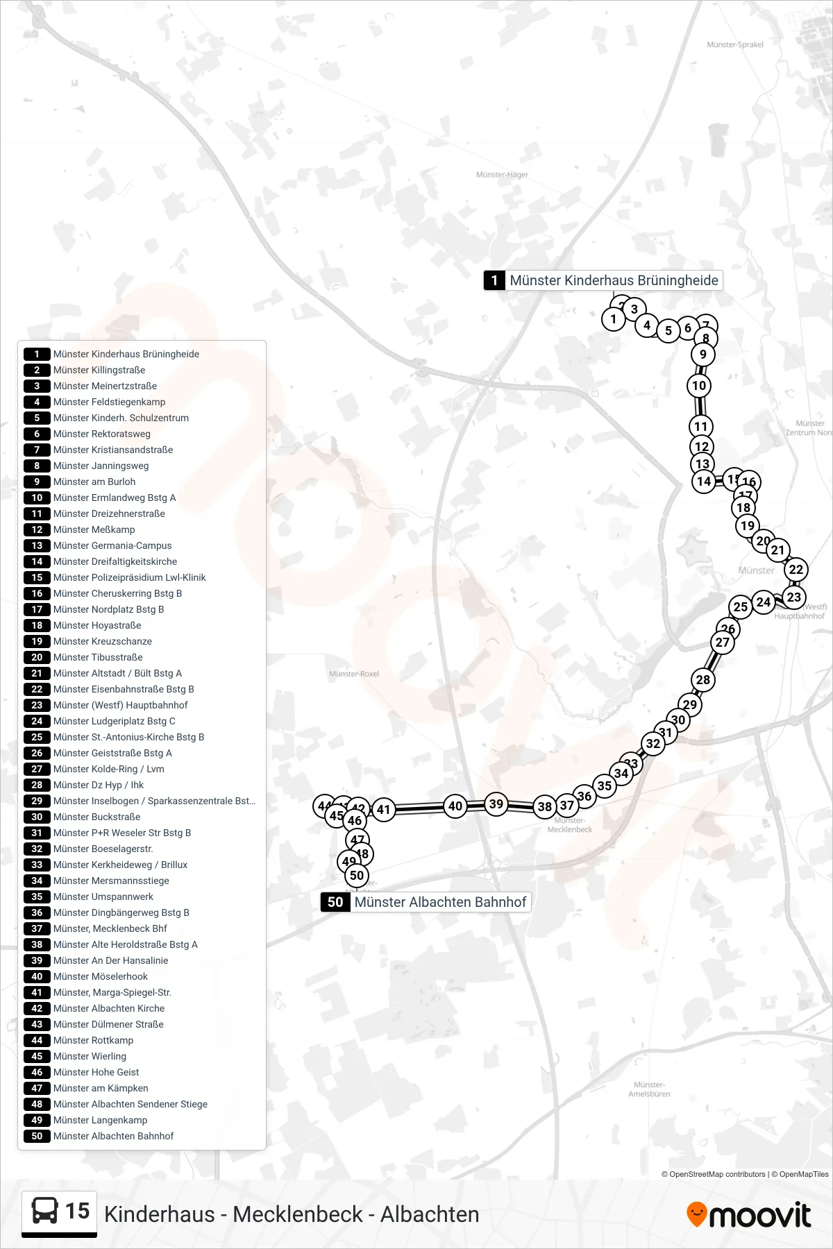 15 bus Line (Albachten Bahnhof) route and stops on a map