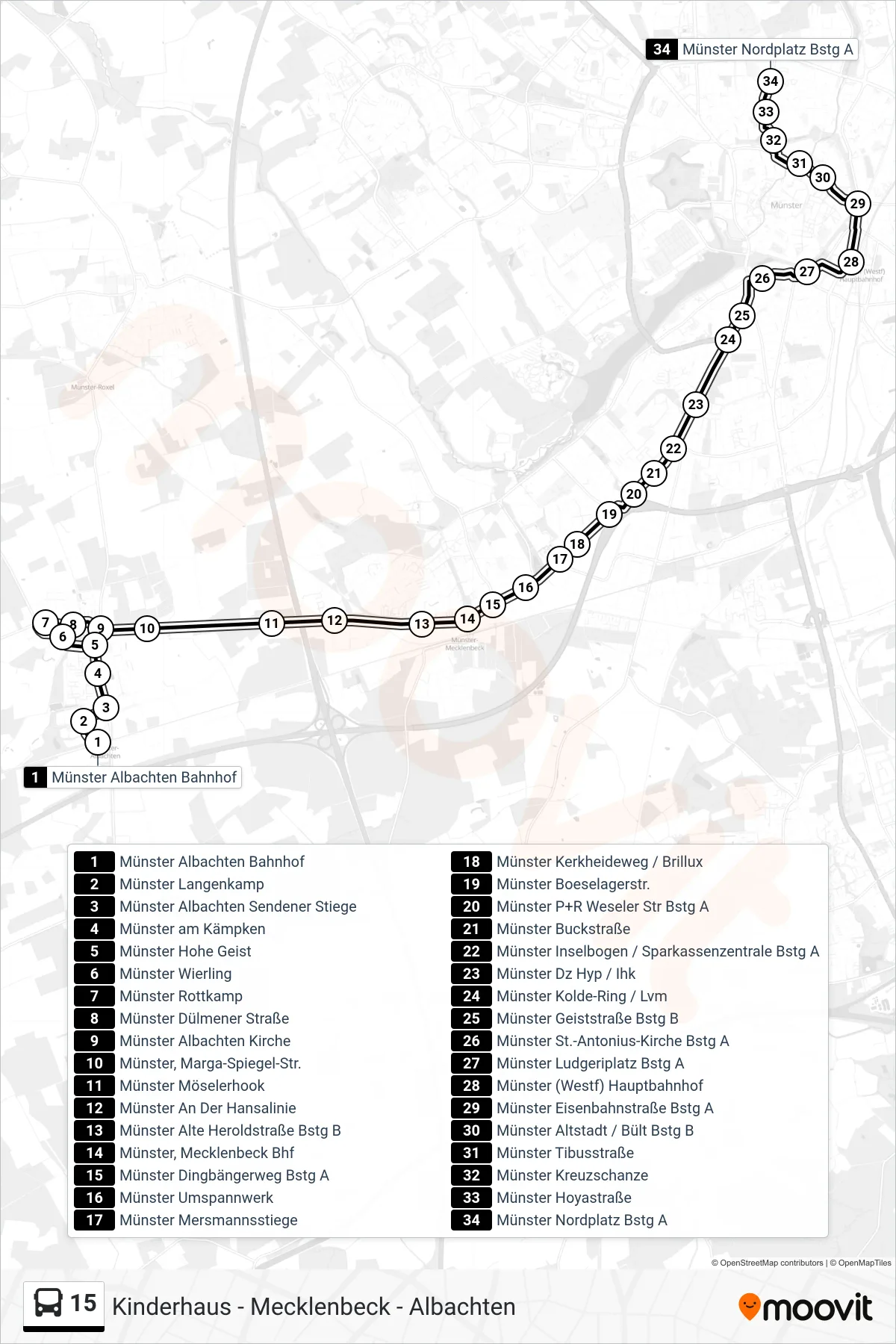 15 bus Line (Nordplatz) route and stops on a map