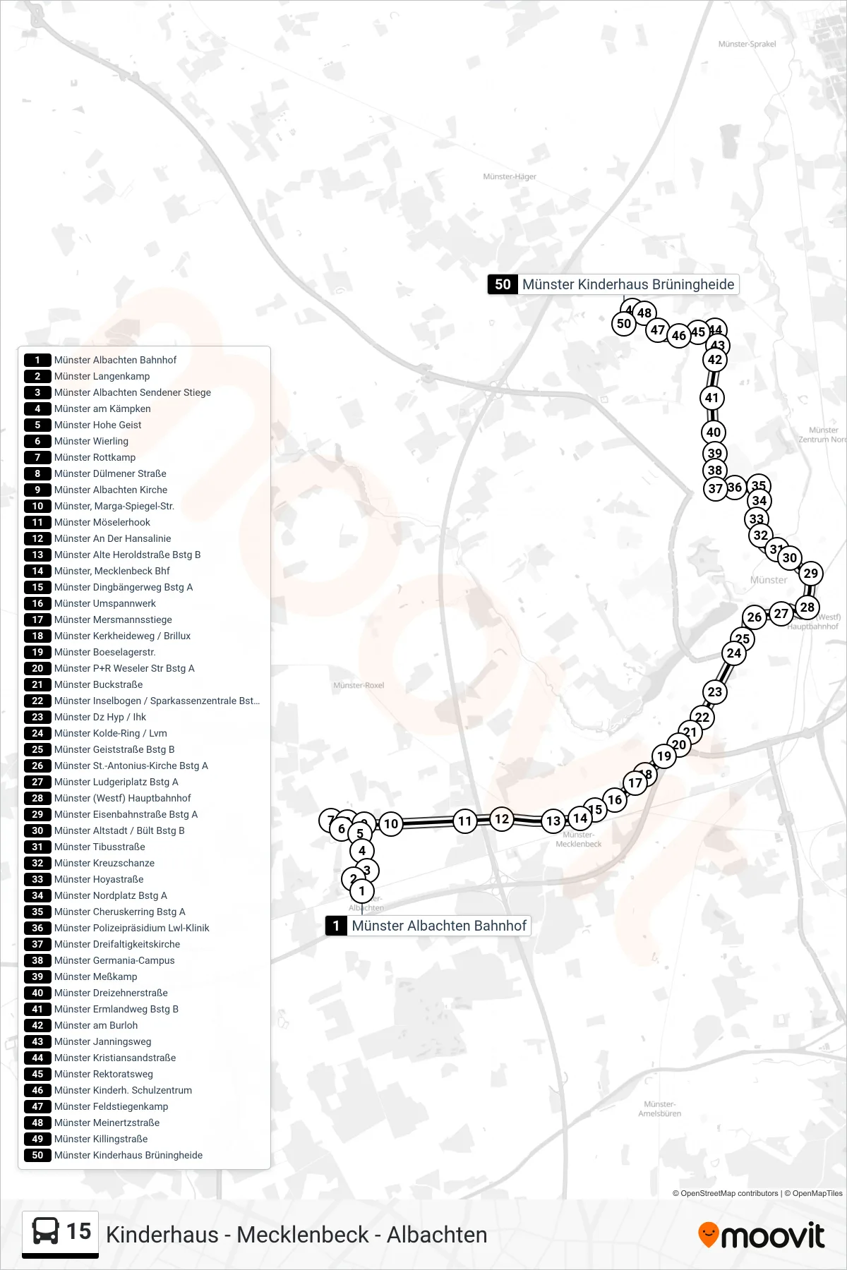 15 bus Line (Kinderhaus Brüningheide) route and stops on a map