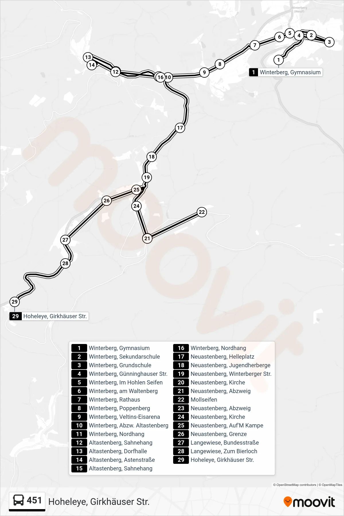 451 bus Line (Hoheleye, Girkhäuser Str.) route and stops on a map