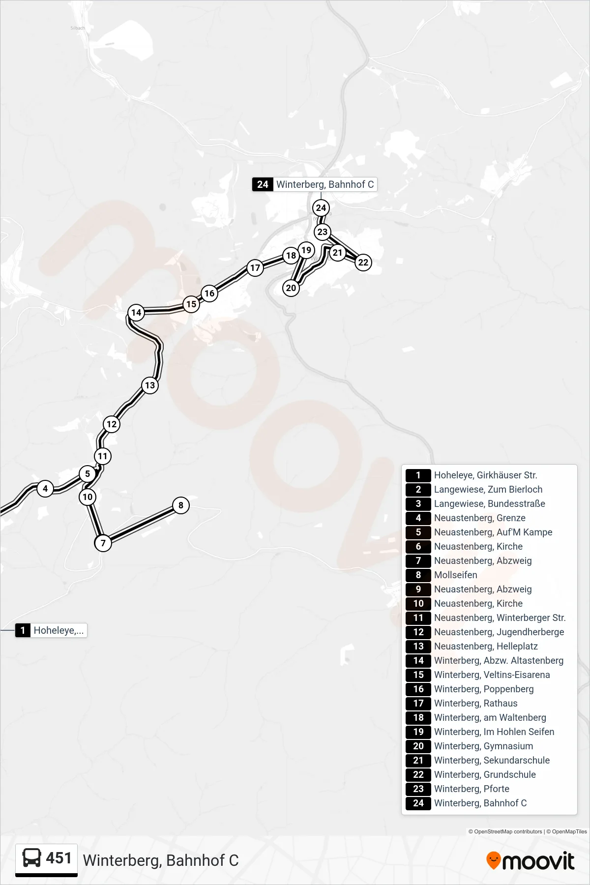 Linie 451 (Bus) Richtung Winterberg, Bahnhof C: Route und Haltestellen auf der Karte