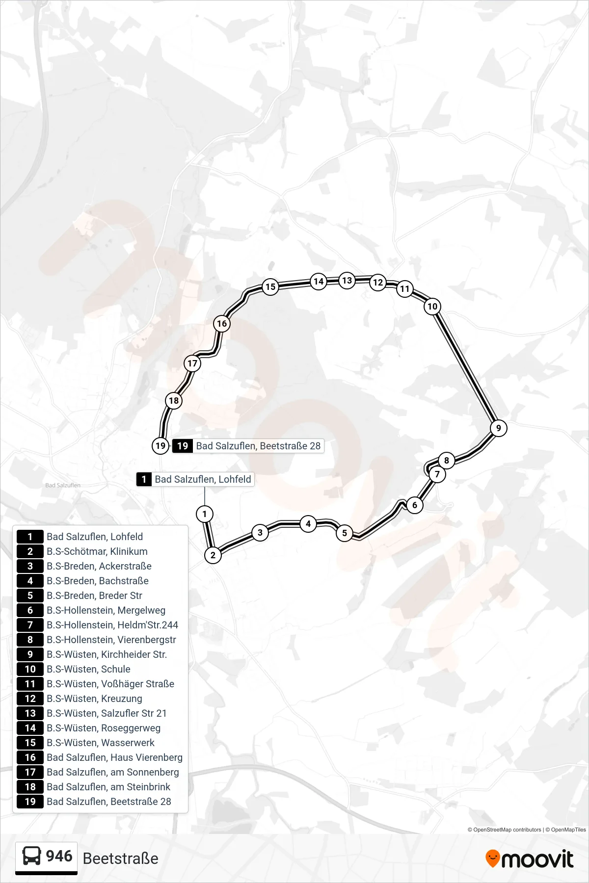 946 bus Line (Beetstraße) route and stops on a map