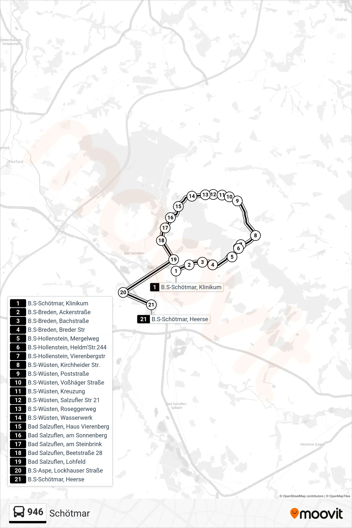 946 bus Line (Schötmar) route and stops on a map