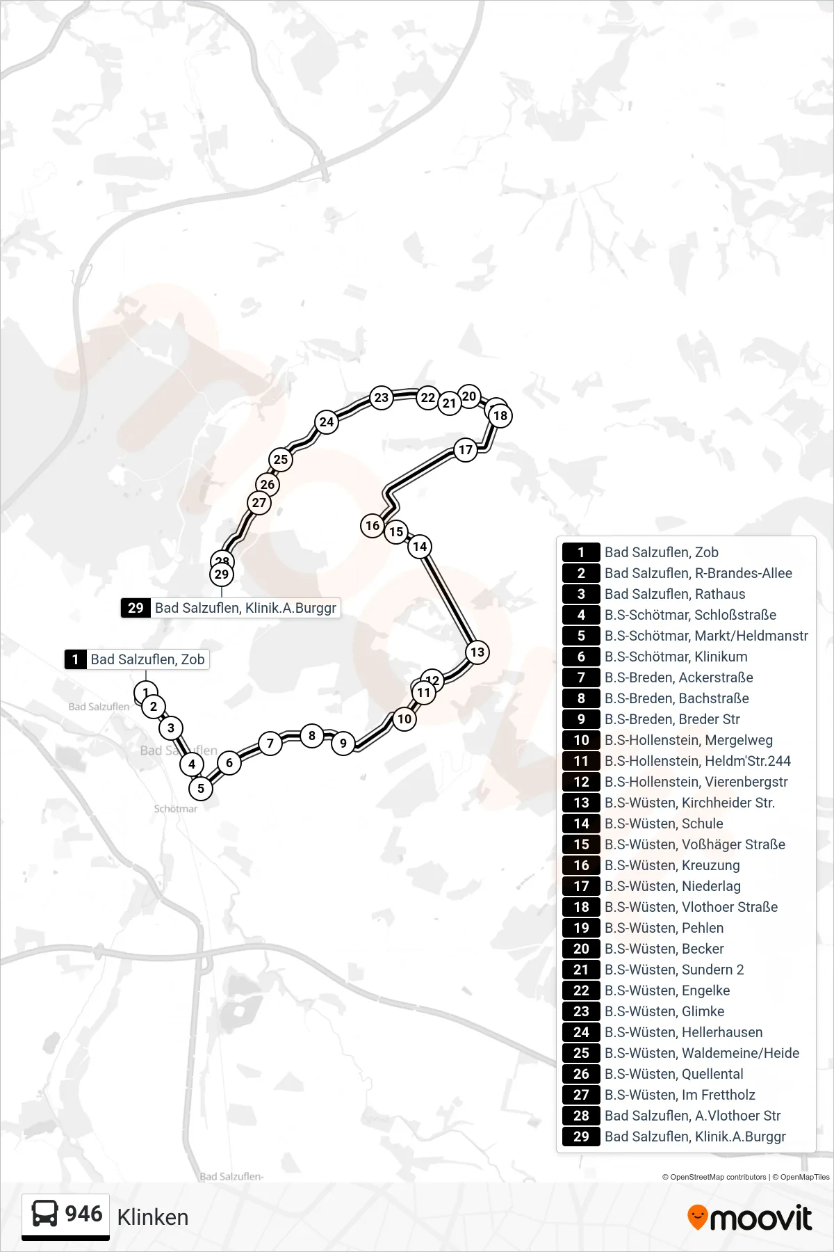 946 bus Line (Klinken) route and stops on a map