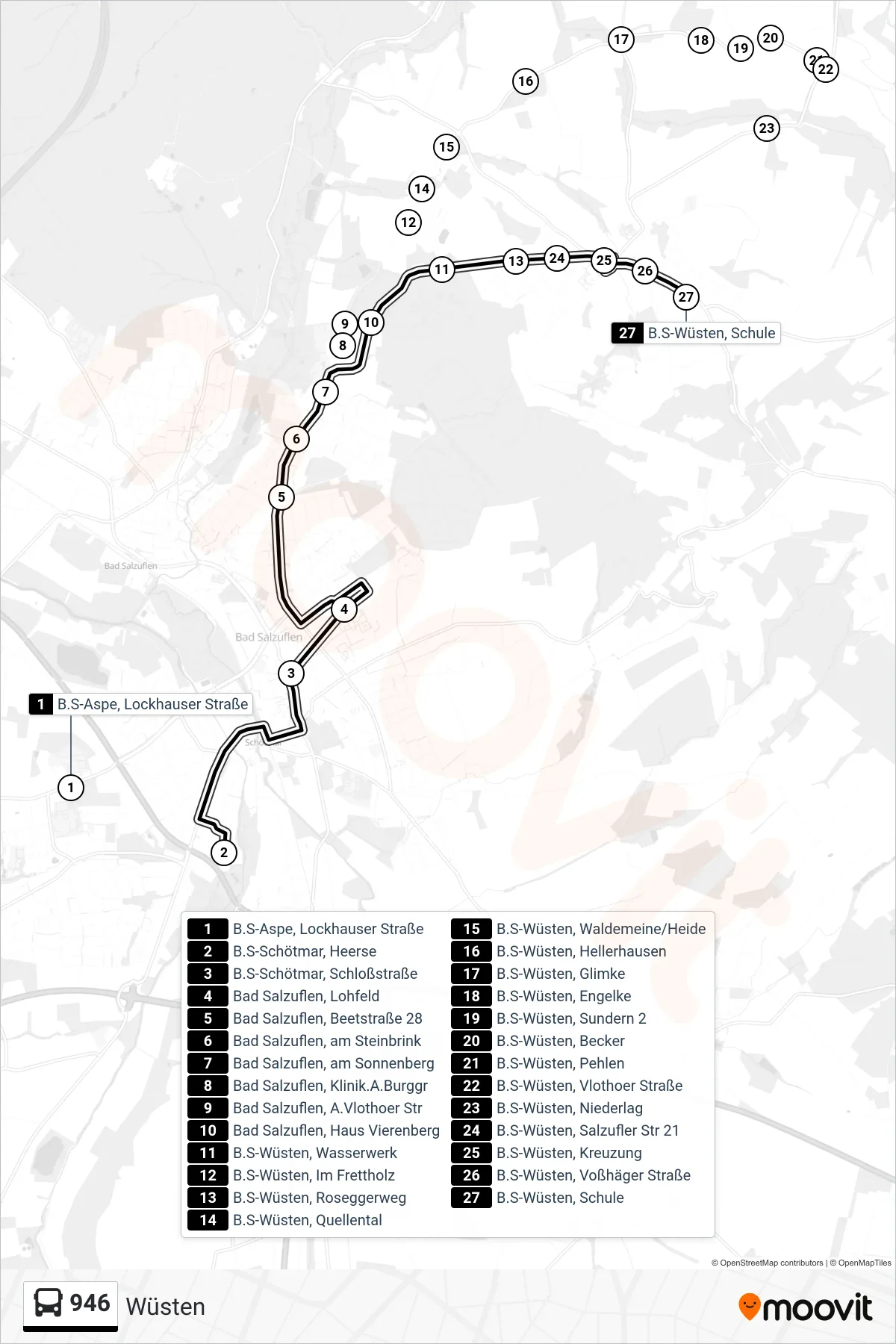 946 bus Line (Wüsten) route and stops on a map