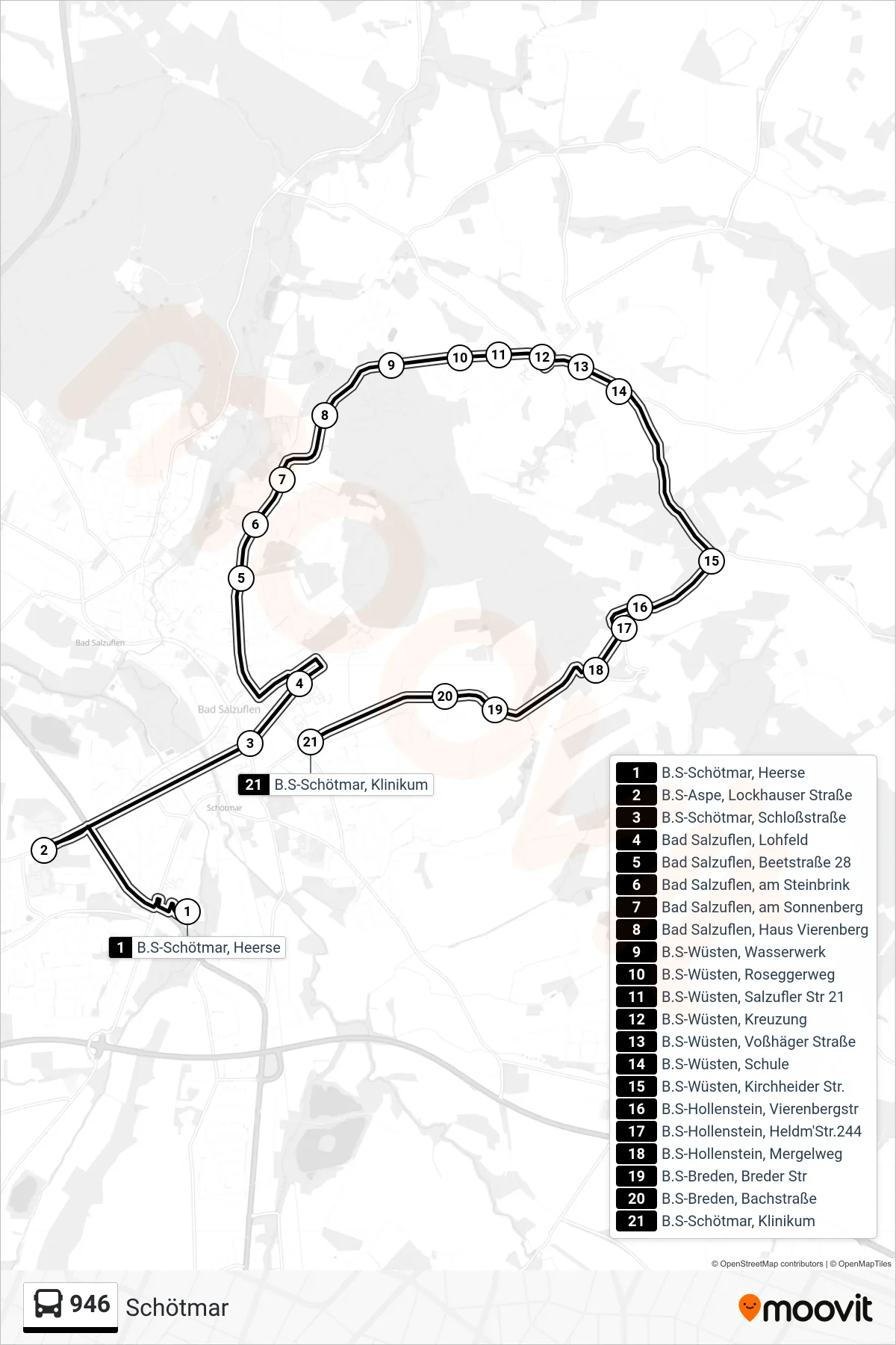 946 bus Line (Schötmar) route and stops on a map