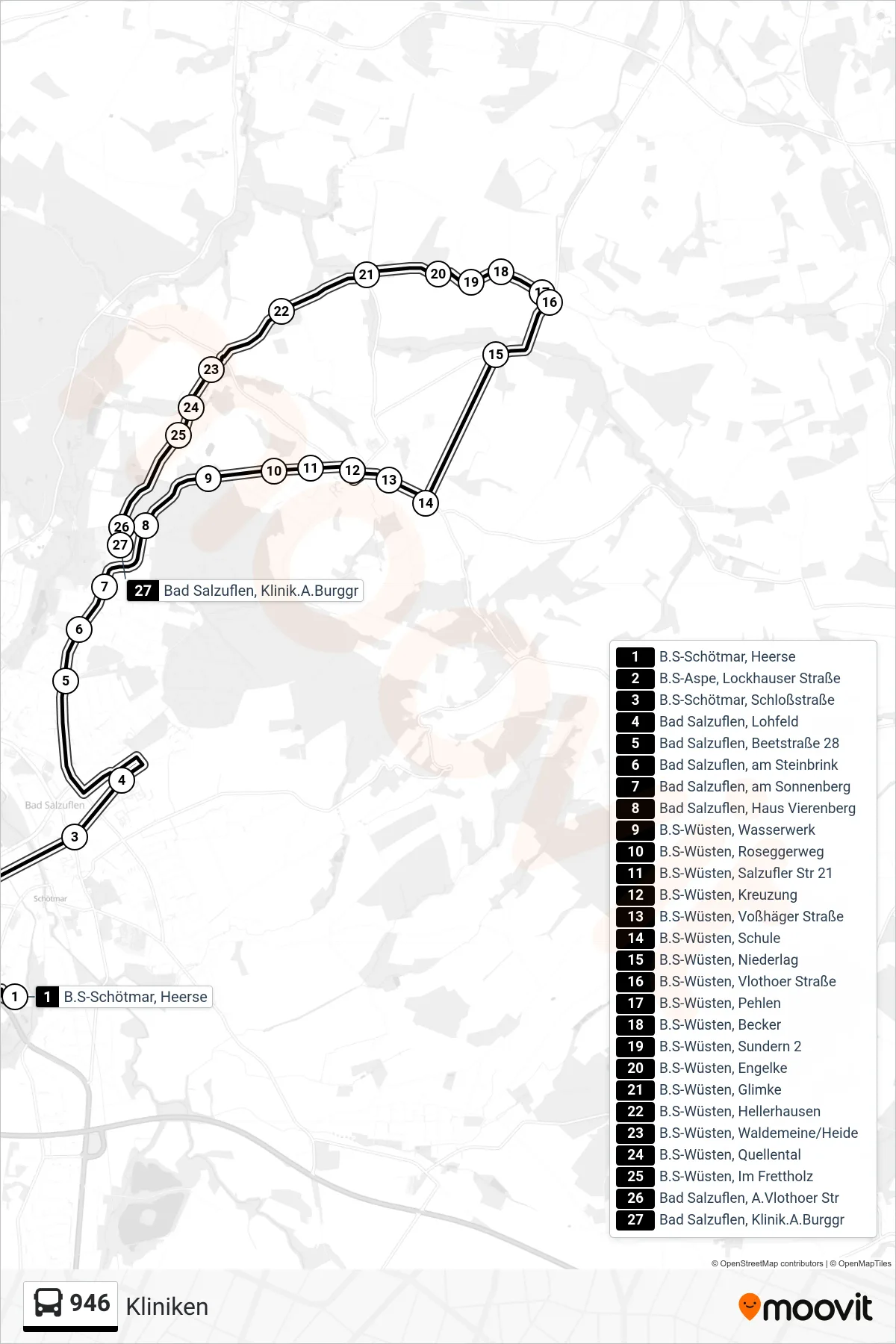946 bus Line (Kliniken) route and stops on a map