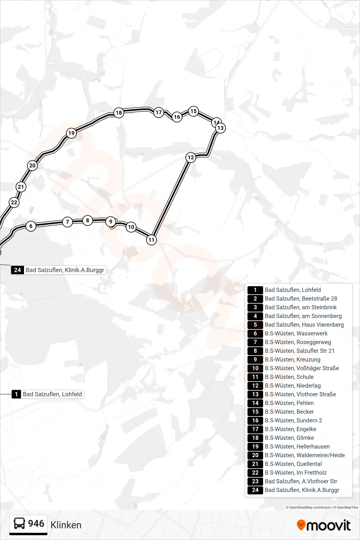 946 bus Line (Klinken) route and stops on a map