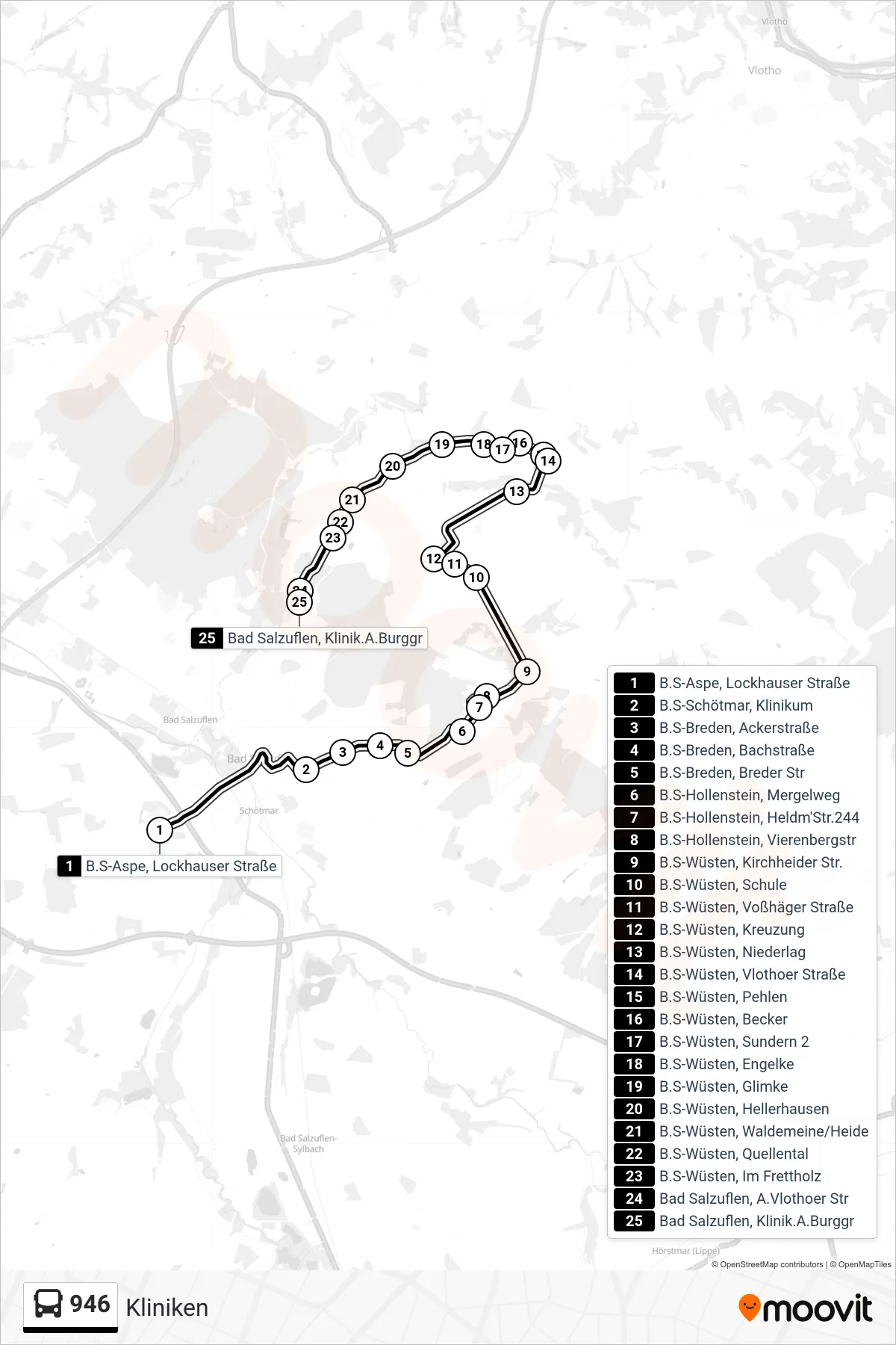 946 bus Line (Kliniken) route and stops on a map