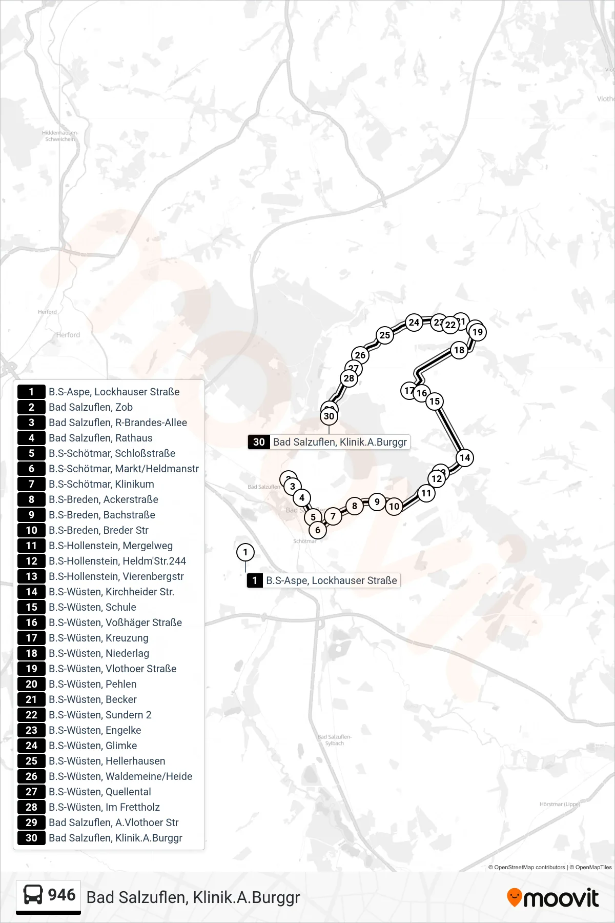 946 bus Line (Bad Salzuflen, Klinik.A.Burggr) route and stops on a map