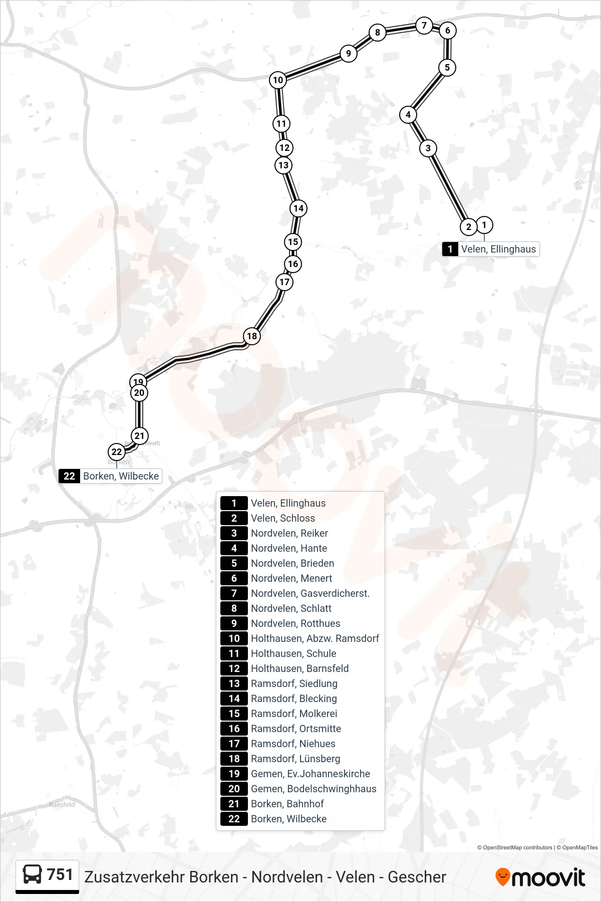 Linie 751 (Tram) Richtung Borken, Wilbecke: Route und Haltestellen auf der Karte