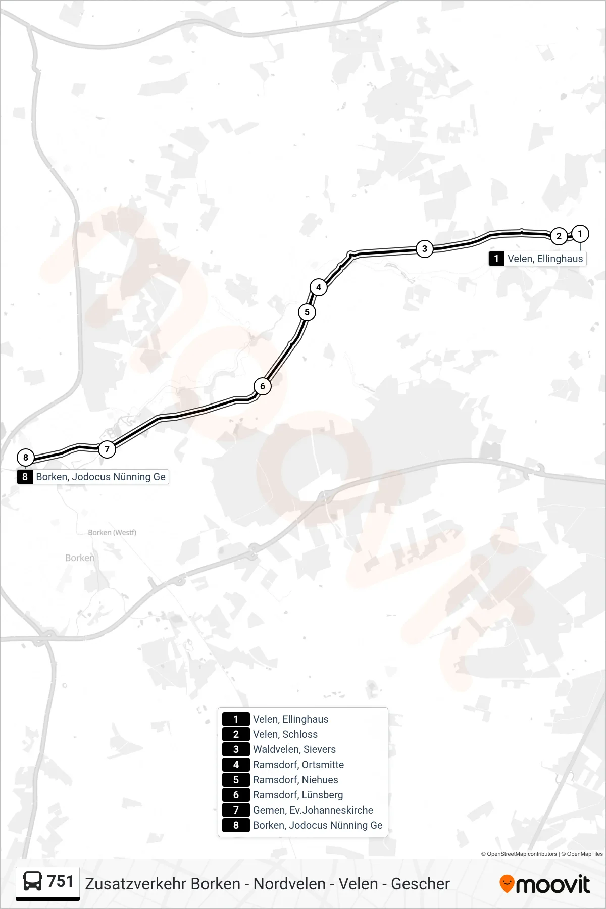 Linie 751 (Tram) Richtung Borken, Jodocus Nünning Ge: Route und Haltestellen auf der Karte