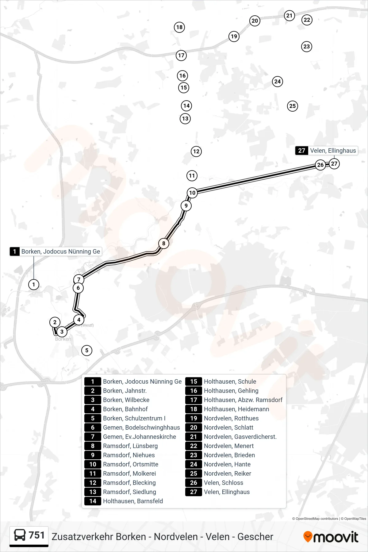 751 tram Line (Velen, Ellinghaus) route and stops on a map