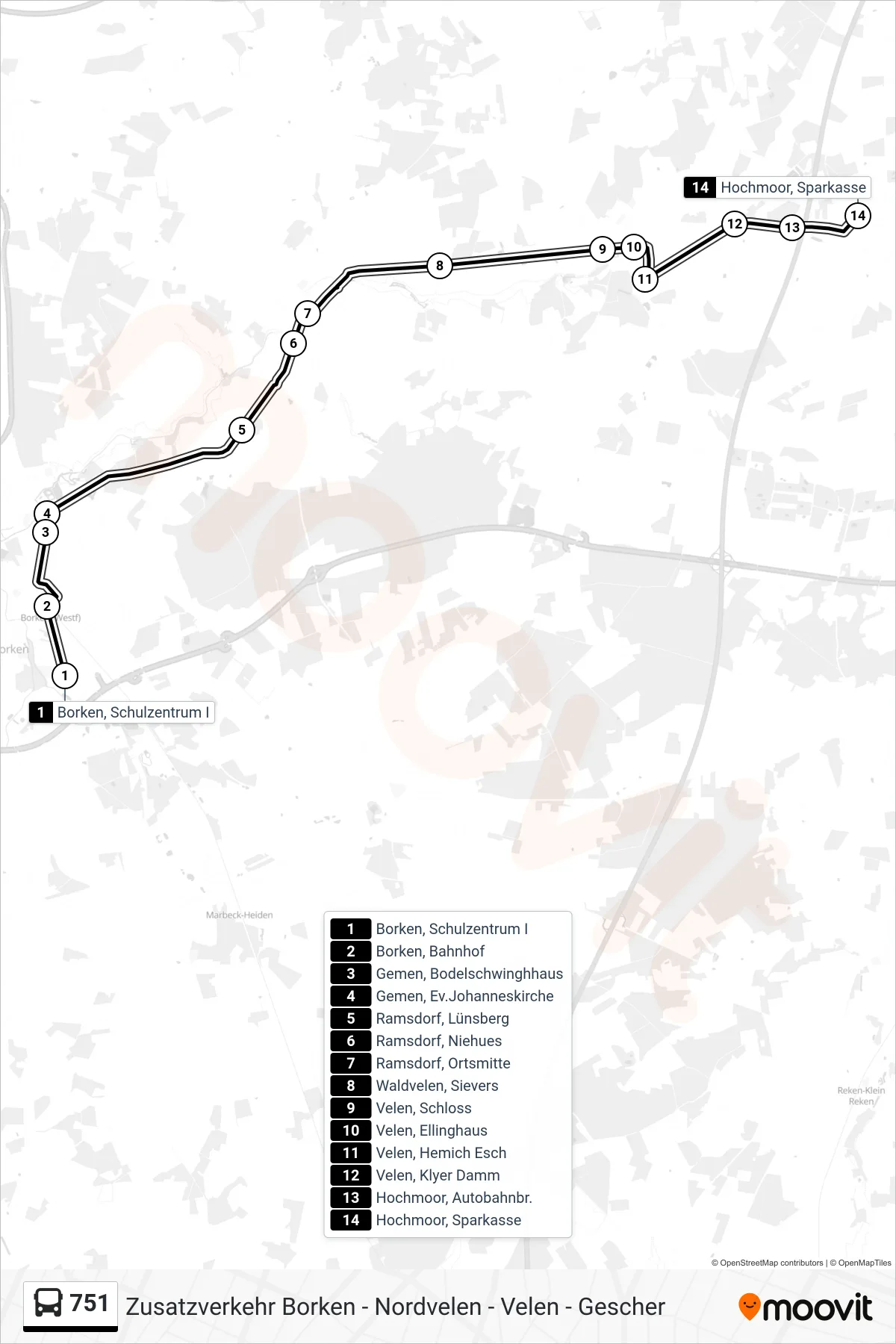 Linie 751 (Tram) Richtung Hochmoor, Sparkasse: Route und Haltestellen auf der Karte