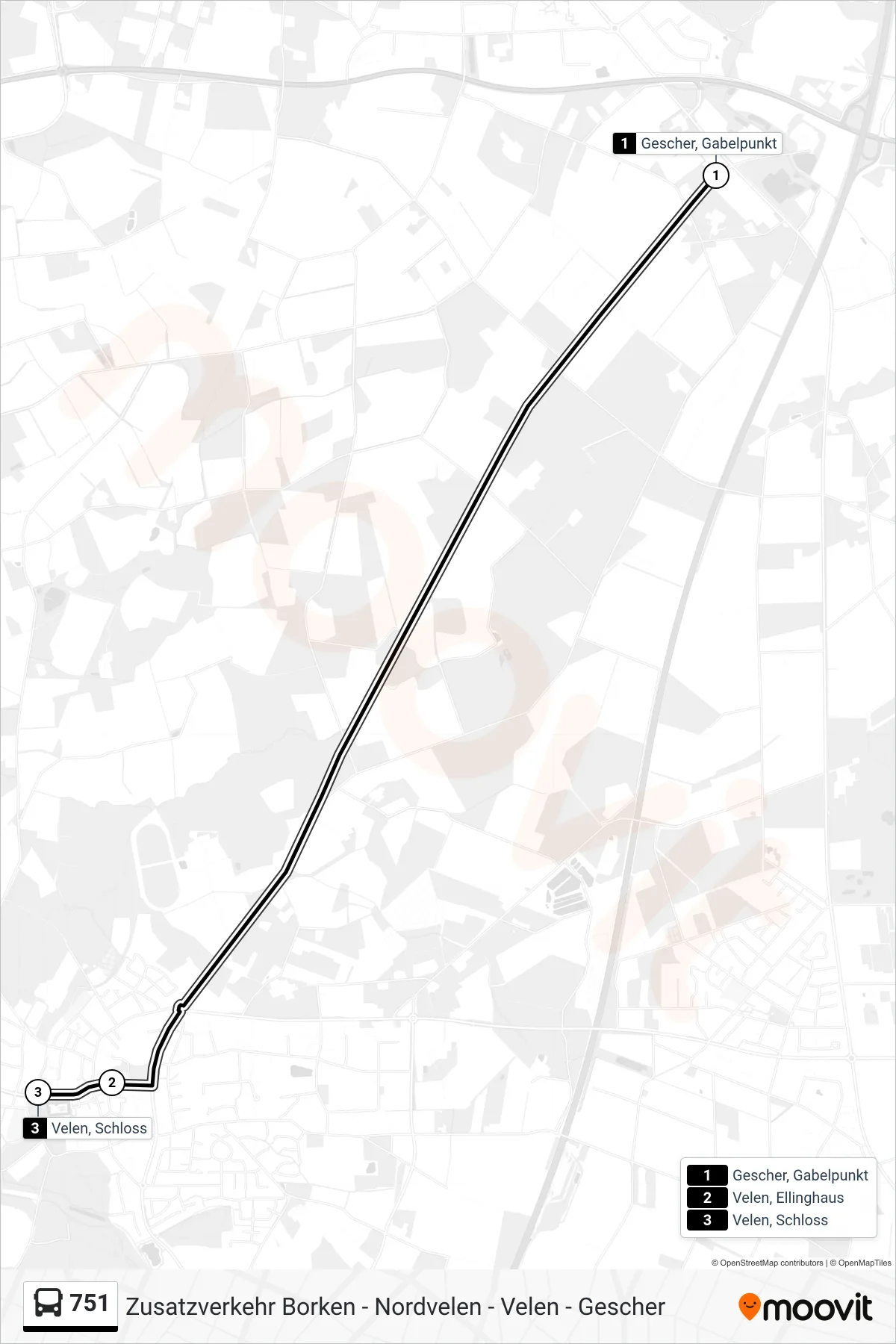 751 tram Line (Velen, Schloss) route and stops on a map