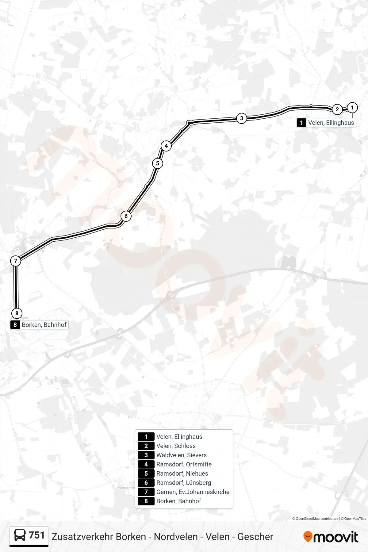 751 tram Line (Borken, Bahnhof Bstg 2) route and stops on a map
