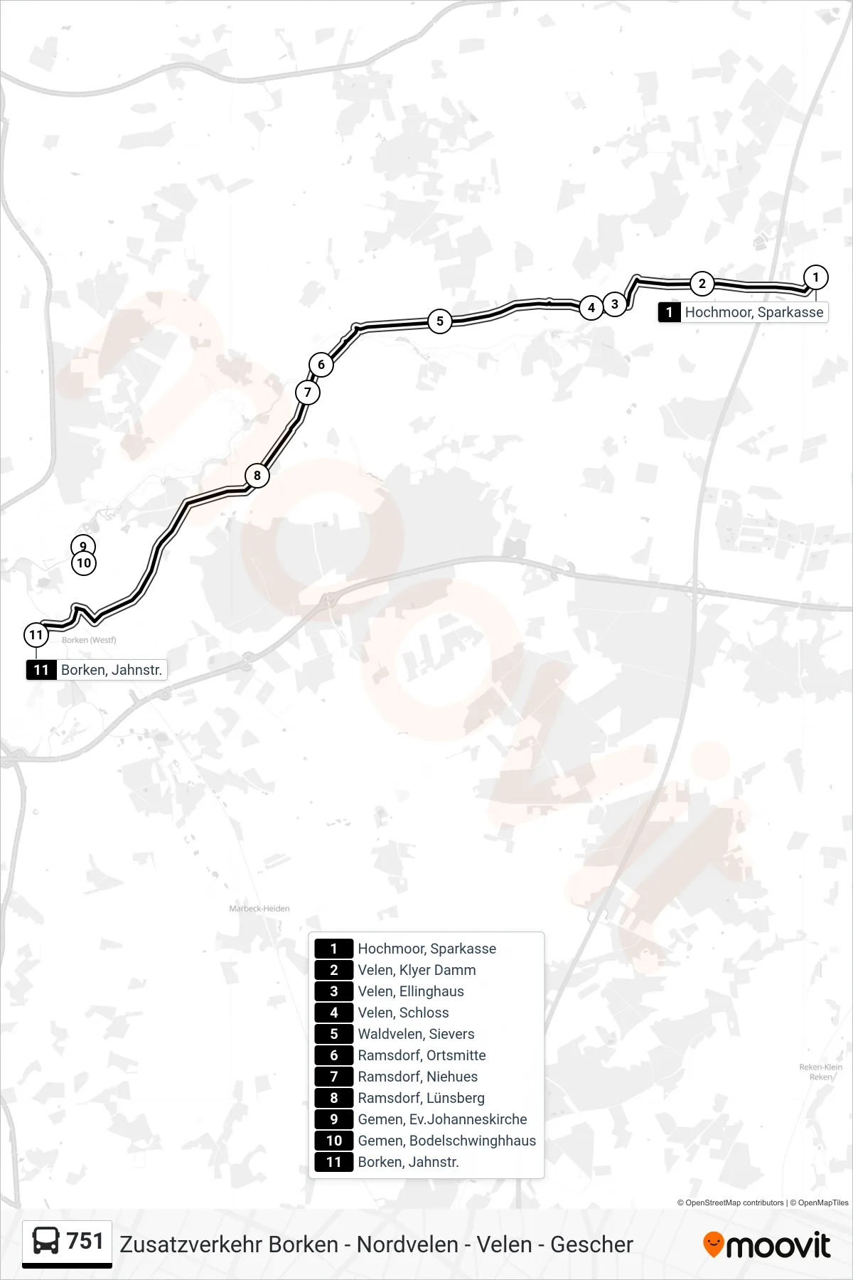 Linie 751 (Tram) Richtung Borken, Jahnstr.: Route und Haltestellen auf der Karte