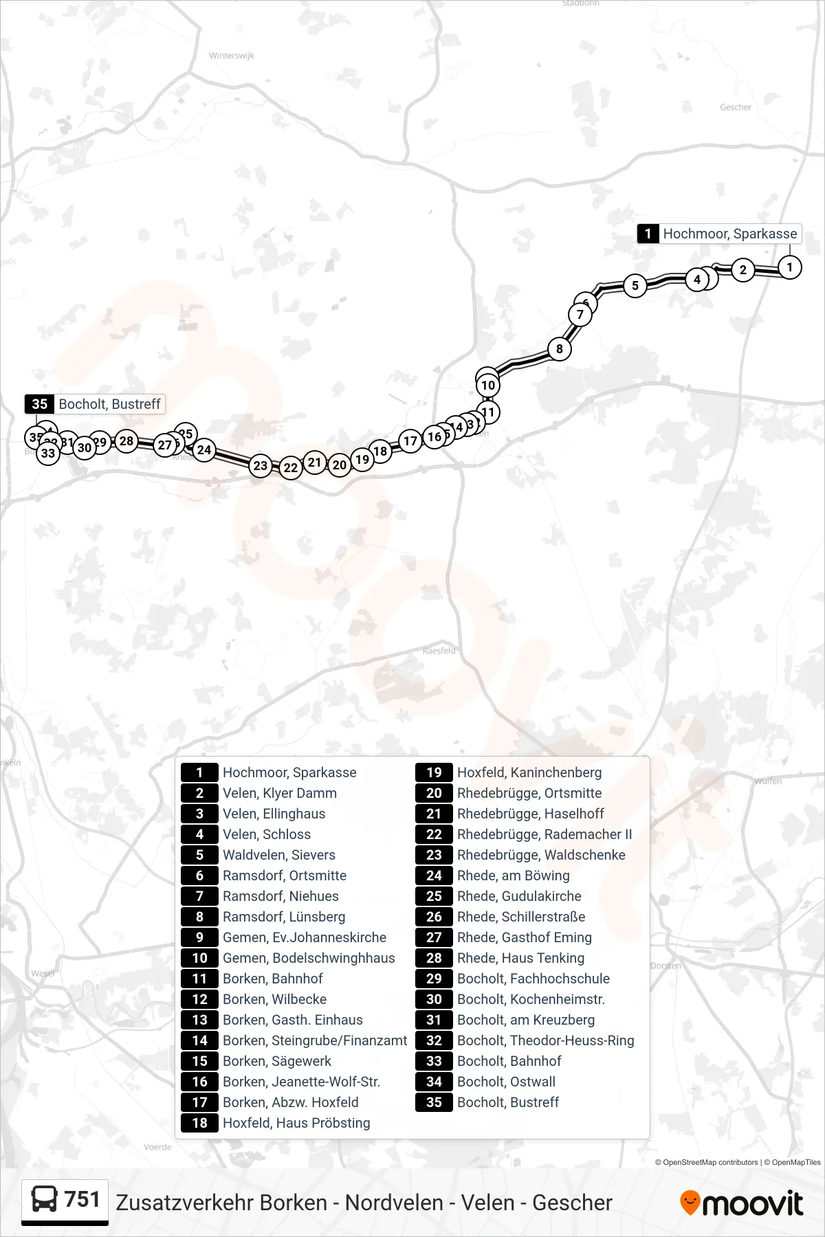 Linie 751 (Tram) Richtung Bocholt, Bustreff/Zoh Bstg B1: Route und Haltestellen auf der Karte