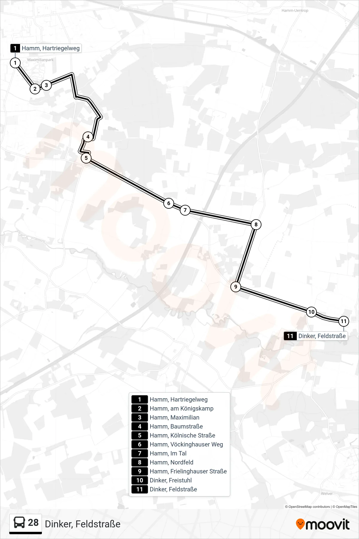 28 bus Line (Dinker, Feldstraße) route and stops on a map