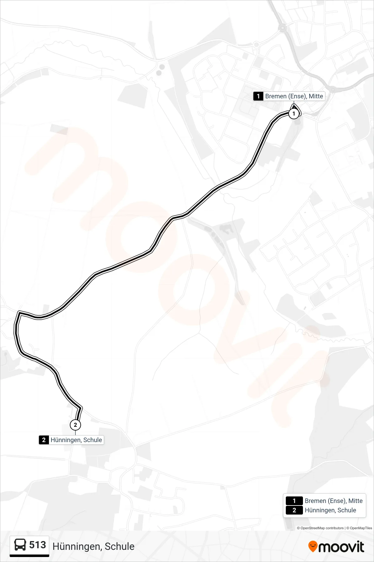 513 bus Line (Hünningen, Schule) route and stops on a map