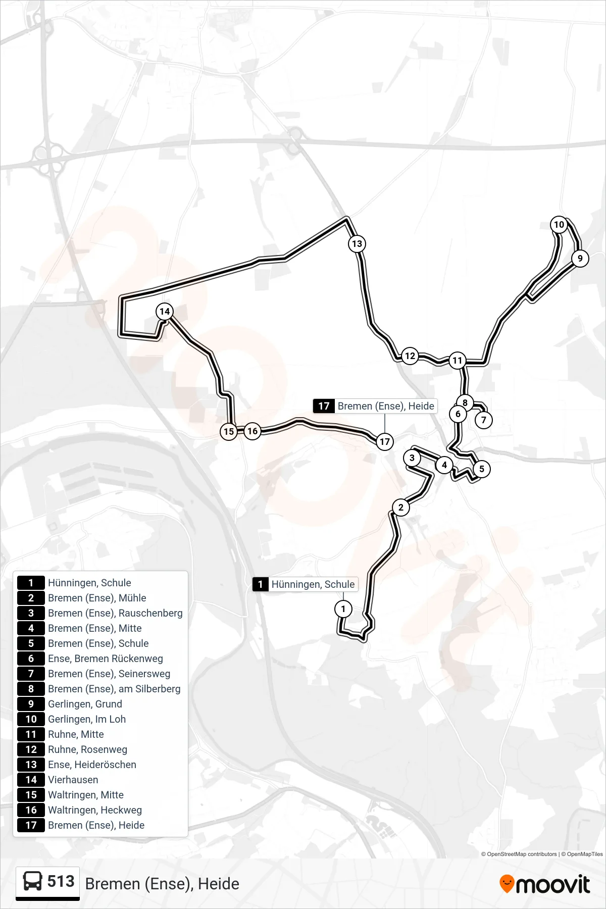 513 bus Line (Bremen (Ense), Heide) route and stops on a map