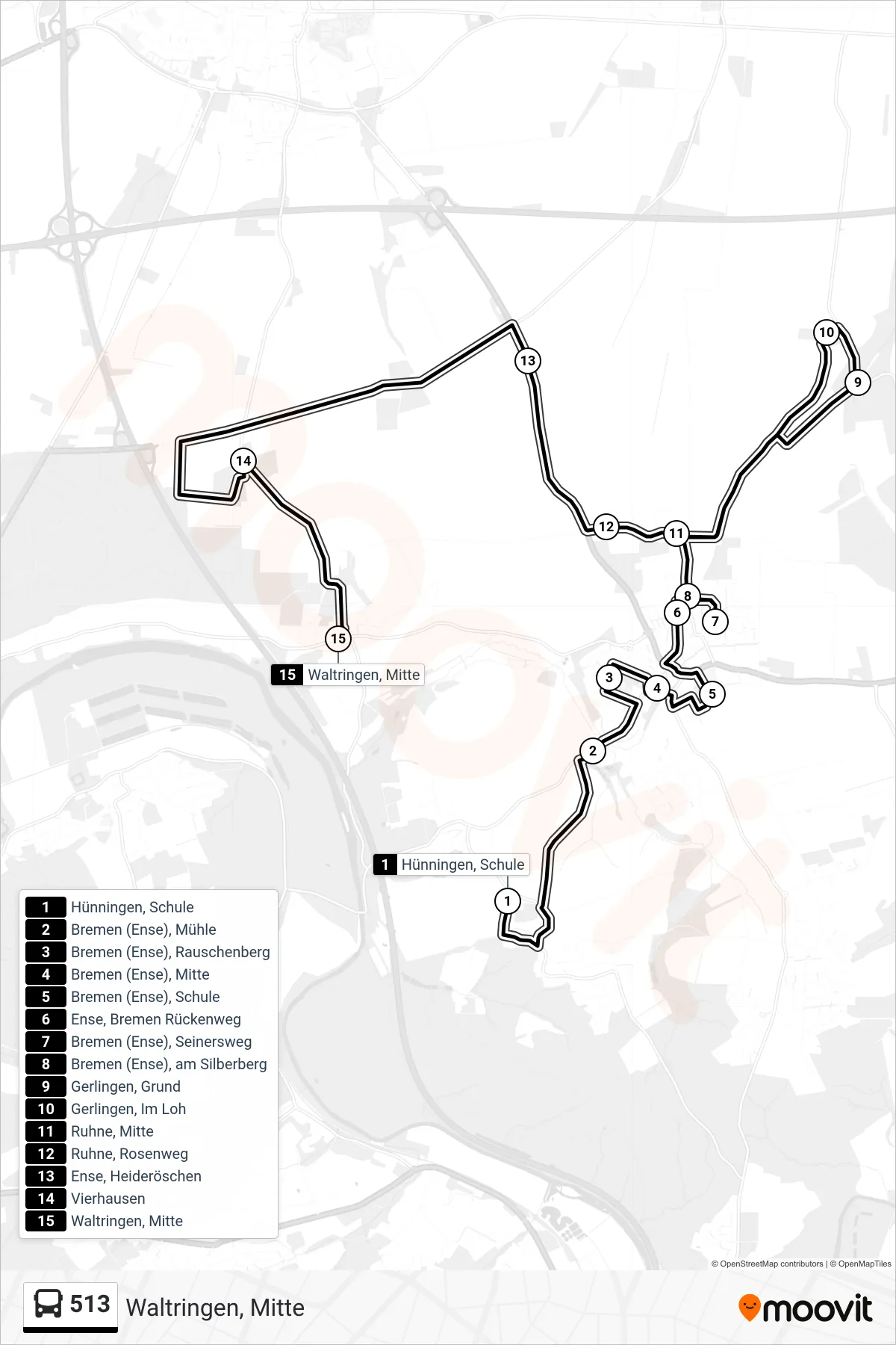513 bus Line (Waltringen, Mitte) route and stops on a map