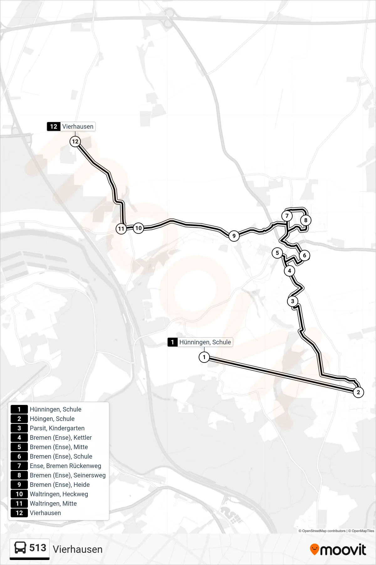 513 bus Line (Vierhausen) route and stops on a map