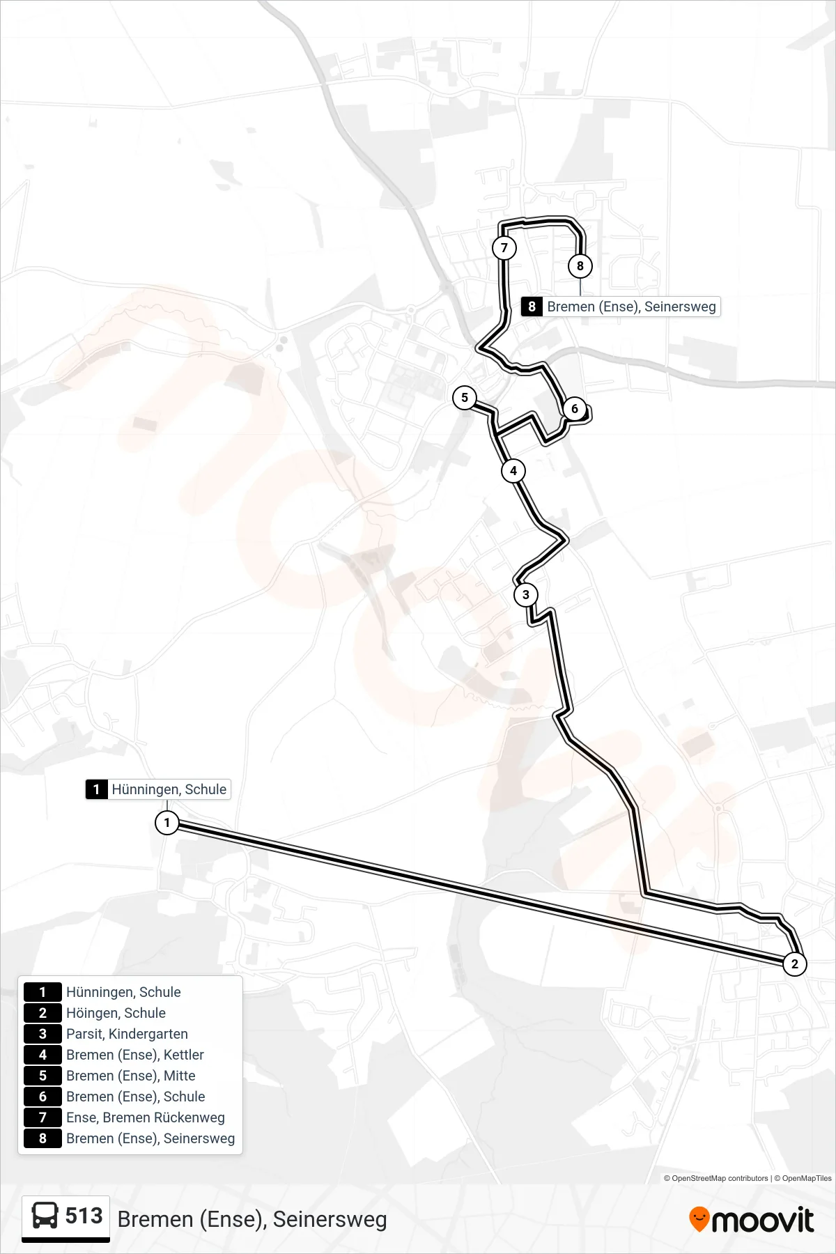 513 bus Line (Bremen (Ense), Seinersweg) route and stops on a map
