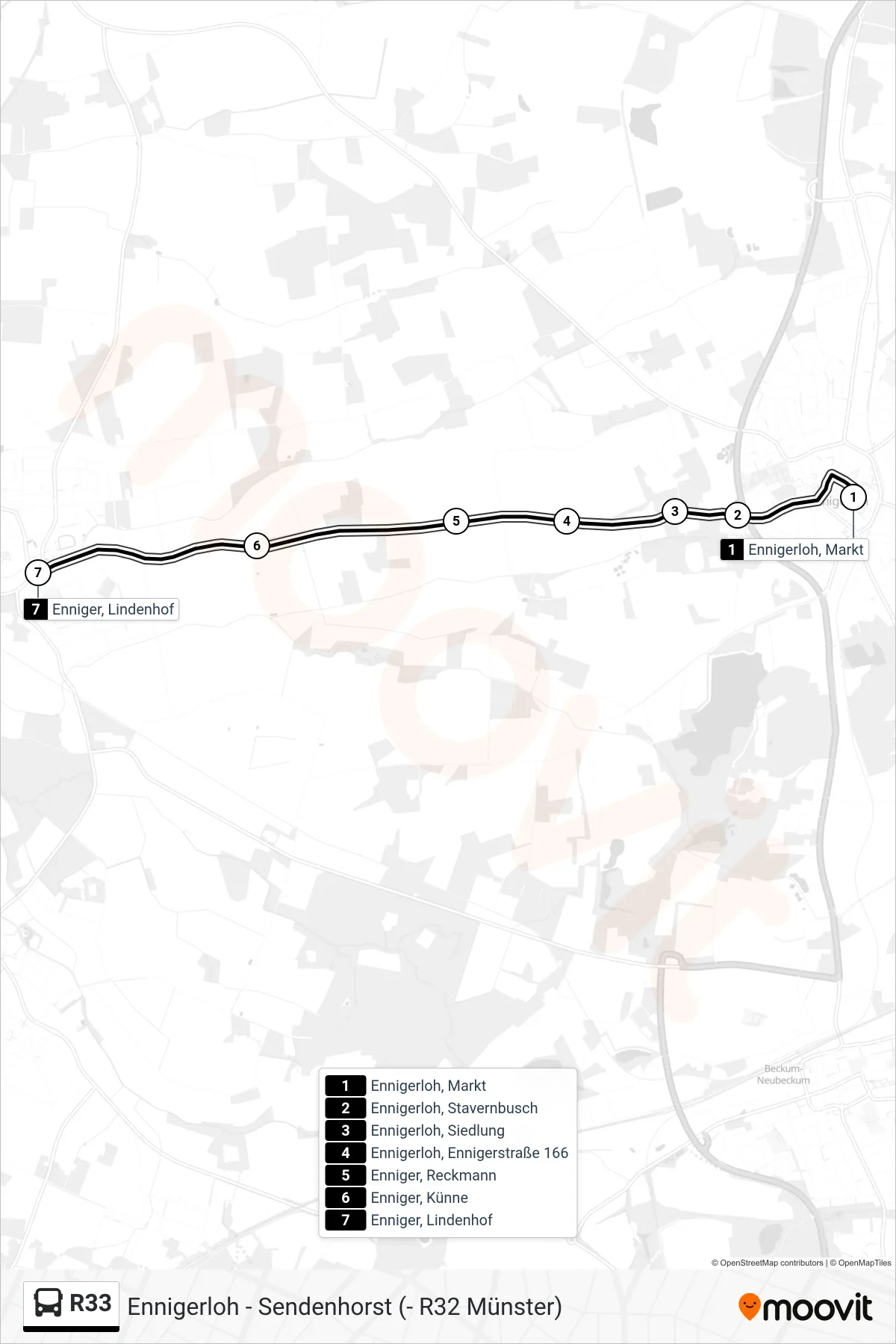 R33 bus Line (Enniger, Lindenhof) route and stops on a map