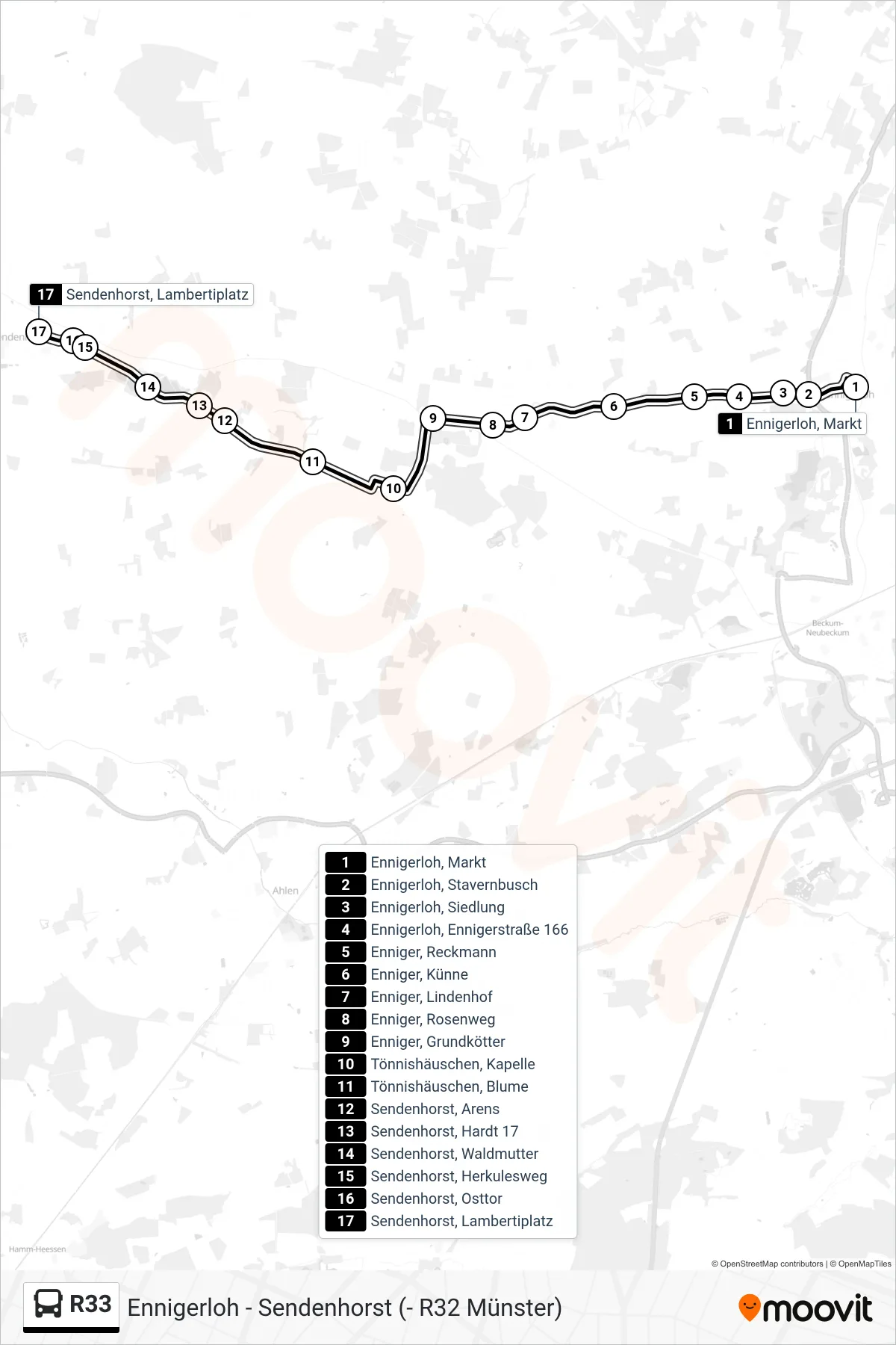 R33 bus Line (Sendenhorst, Lambertiplatz) route and stops on a map