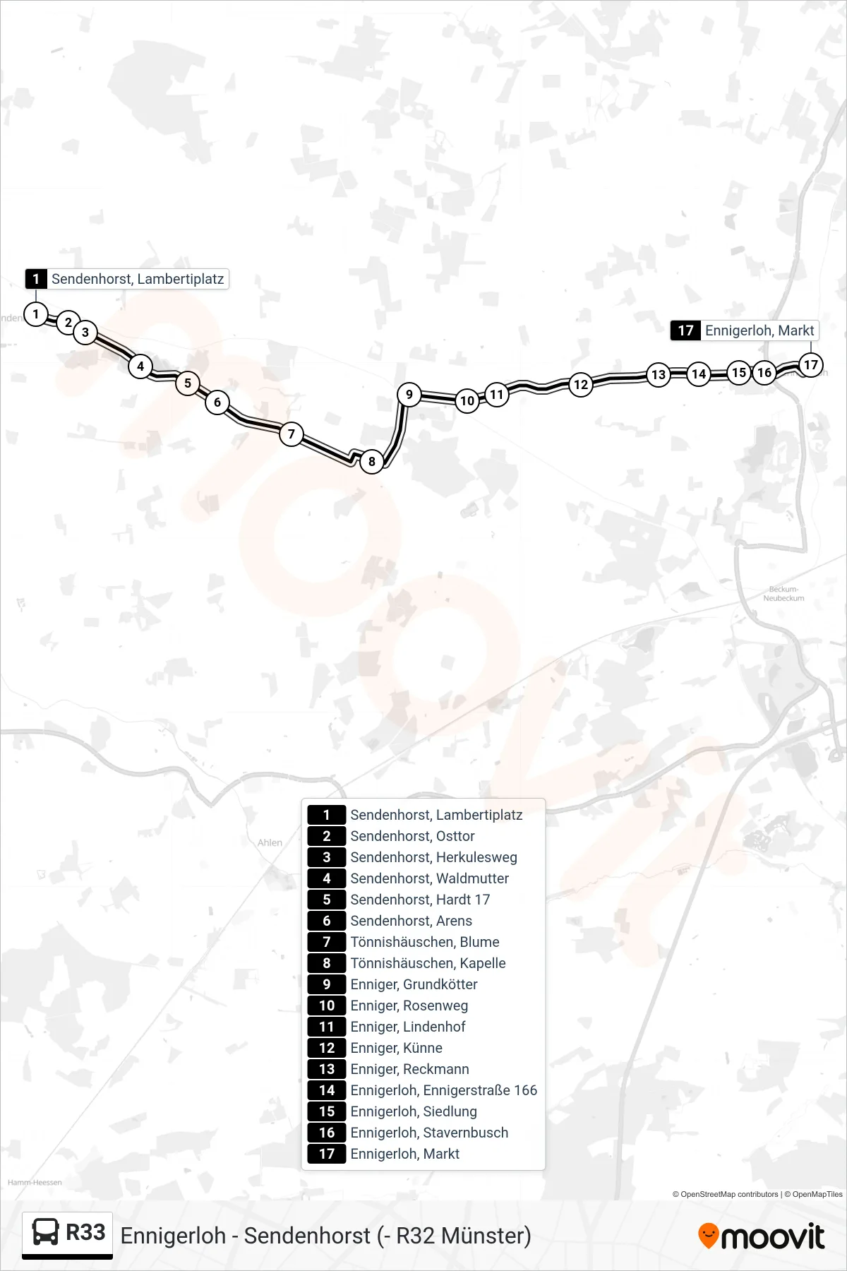 Linie R33 (Bus) Richtung Ennigerloh, Markt Bstg C: Route und Haltestellen auf der Karte