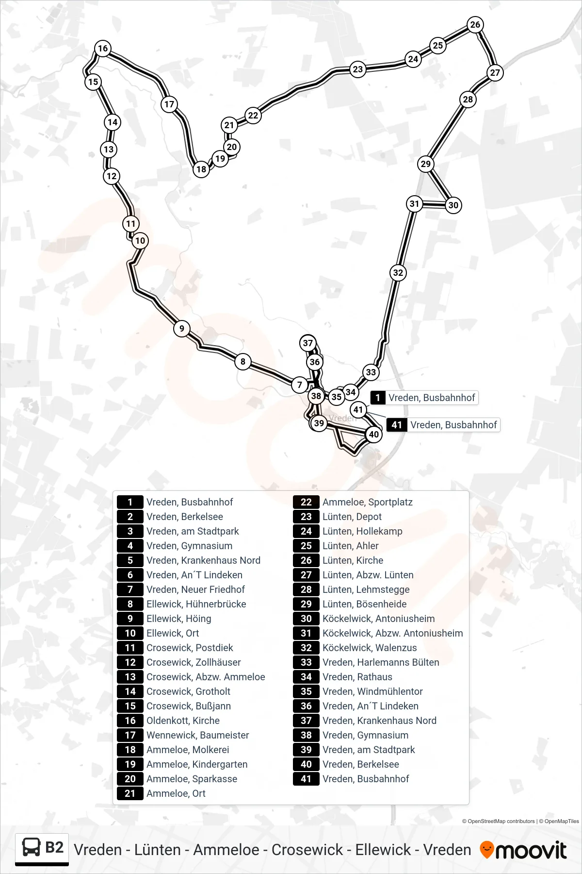 B2 tram Line (Vreden, Busbahnhof Bstg D) route and stops on a map
