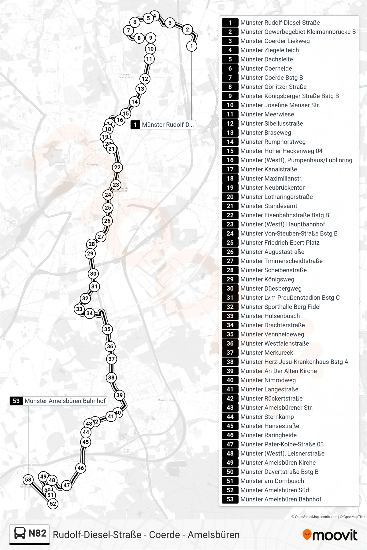 N82 bus Line (Amelsbüren Bahnhof) route and stops on a map