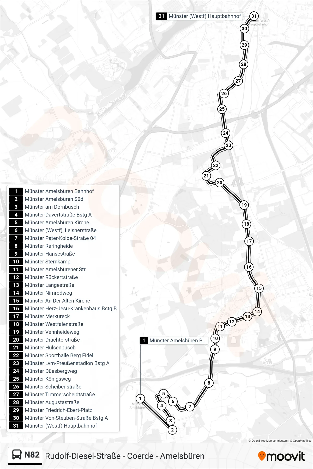 Linie N82 (Bus) Richtung Hauptbahnhof: Route und Haltestellen auf der Karte