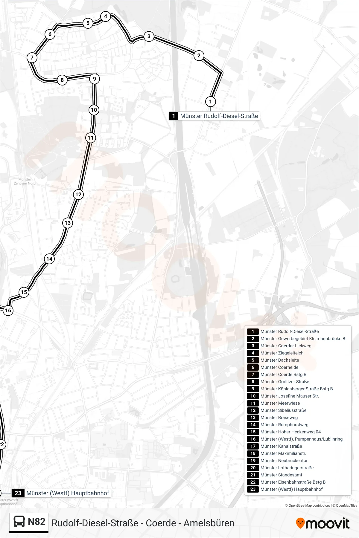 Linie N82 (Bus) Richtung Hauptbahnhof: Route und Haltestellen auf der Karte